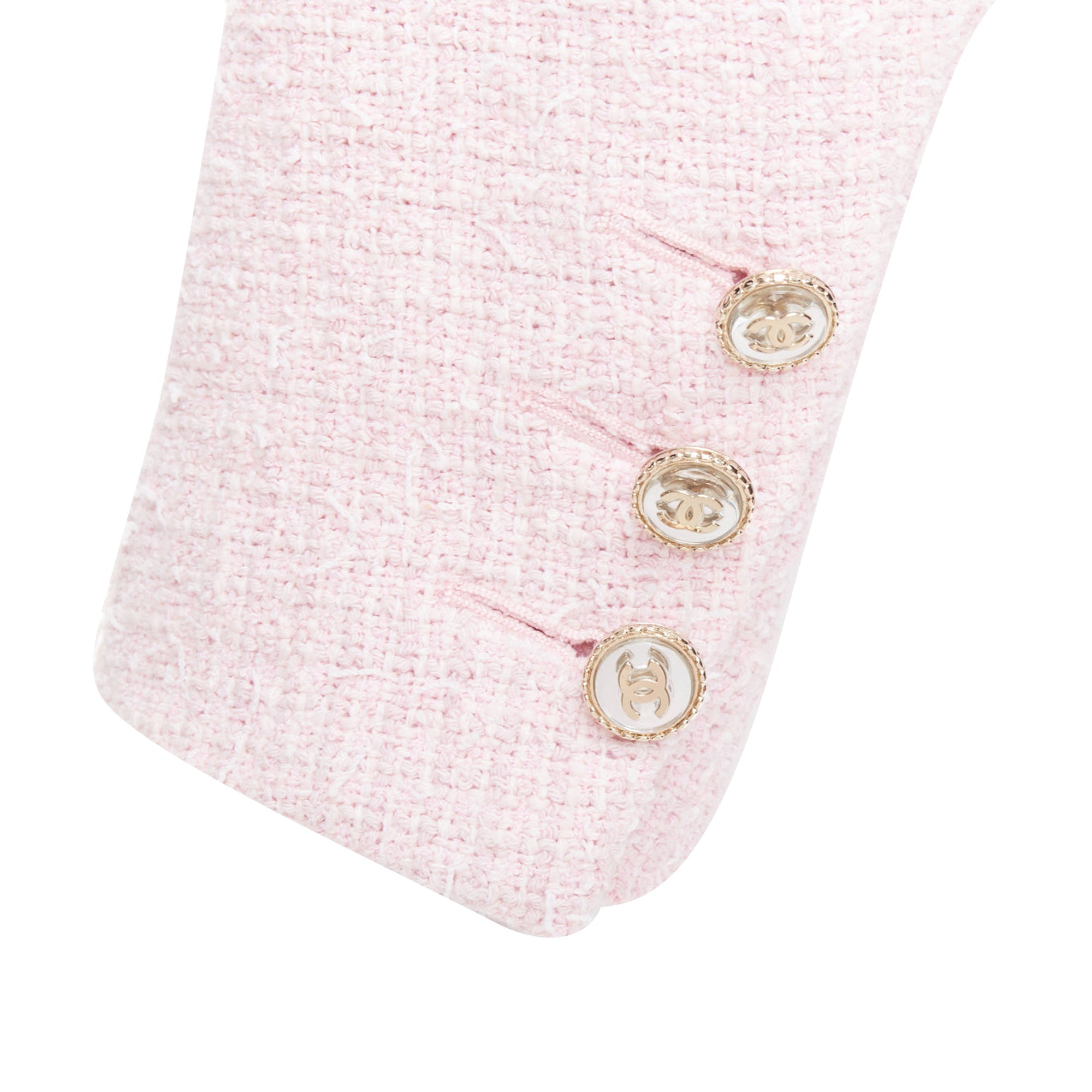 Women's CHANEL 21P pink cotton tweed CC button double breasted cropped jacket FR38 M
