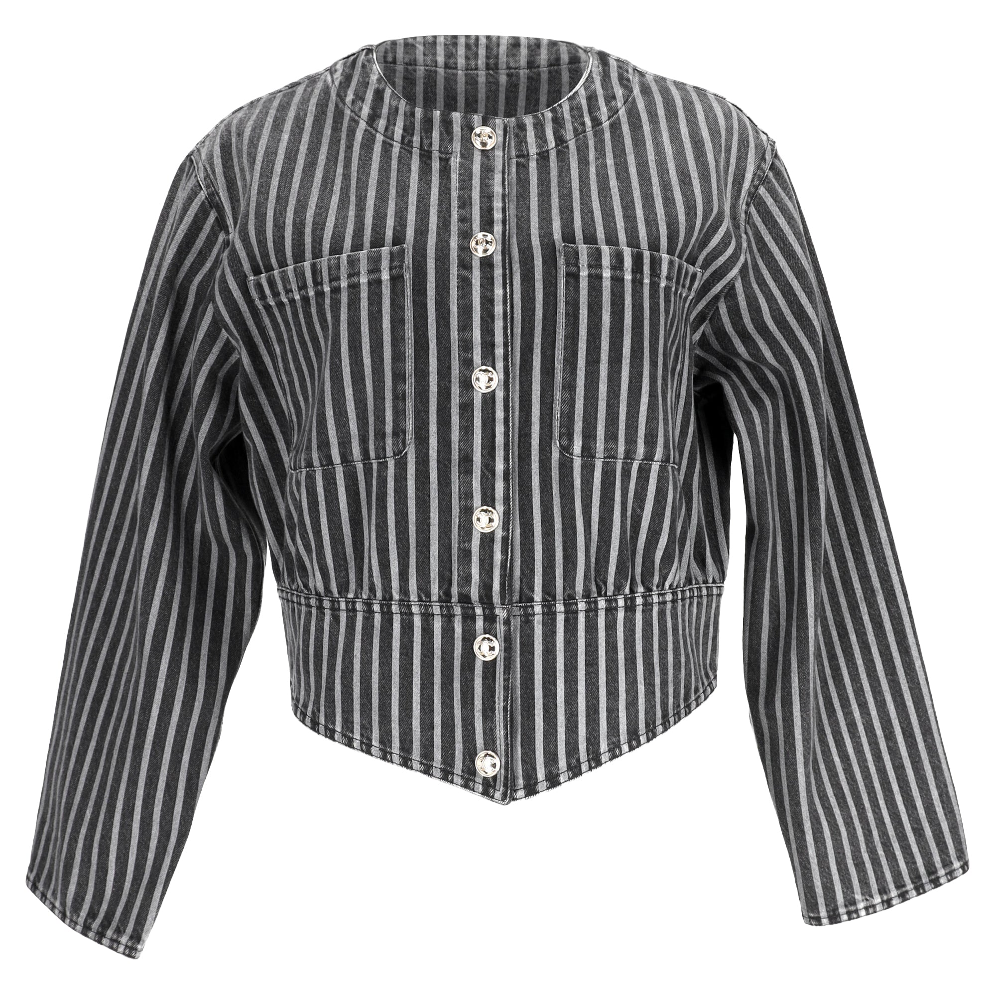 Women's Chanel Striped Button-Down Denim Jacket in Black Cotton