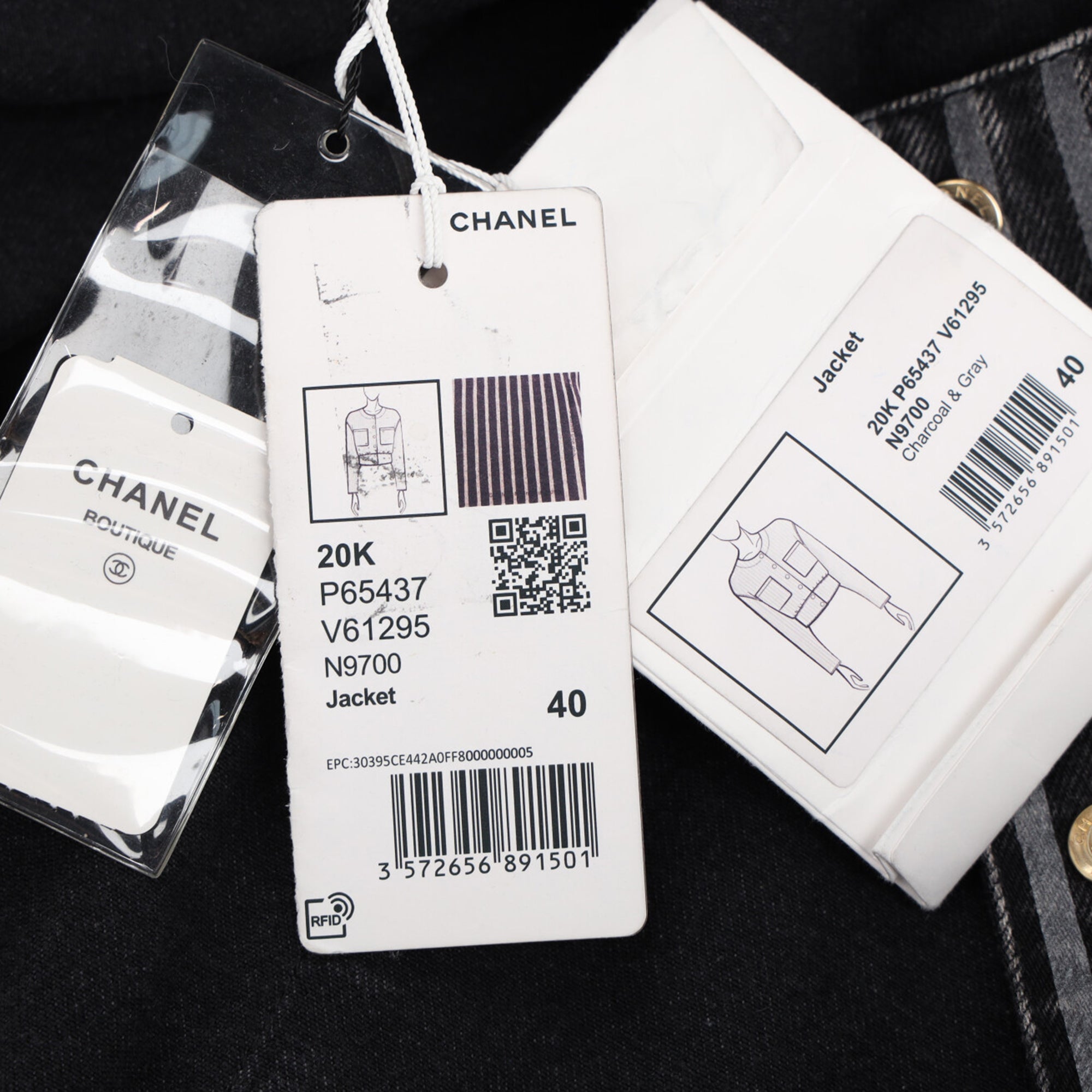 Women's Chanel Striped Button-Down Denim Jacket in Black Cotton