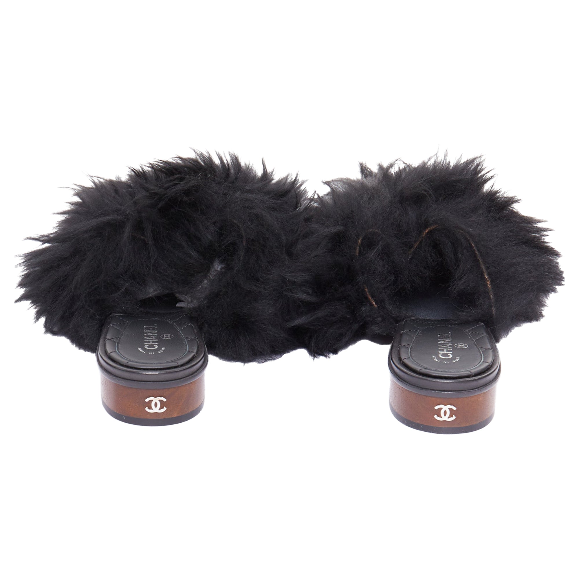 Women's Chanel CC logo mongolian lamb fur fluffy slippers