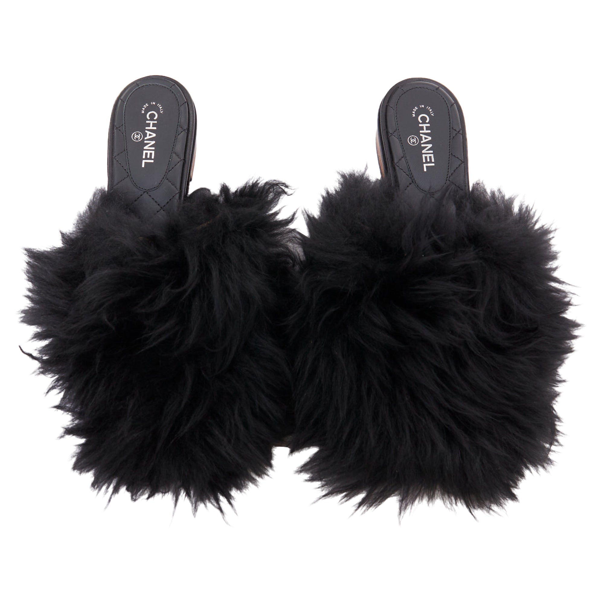 Women's Chanel CC logo mongolian lamb fur fluffy slippers