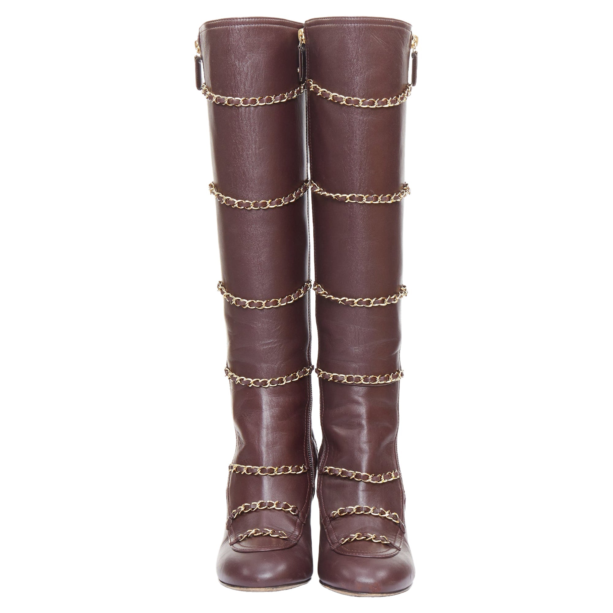 Women's Chanel Karl Lagerfeld lambskin gold chain quilted boots