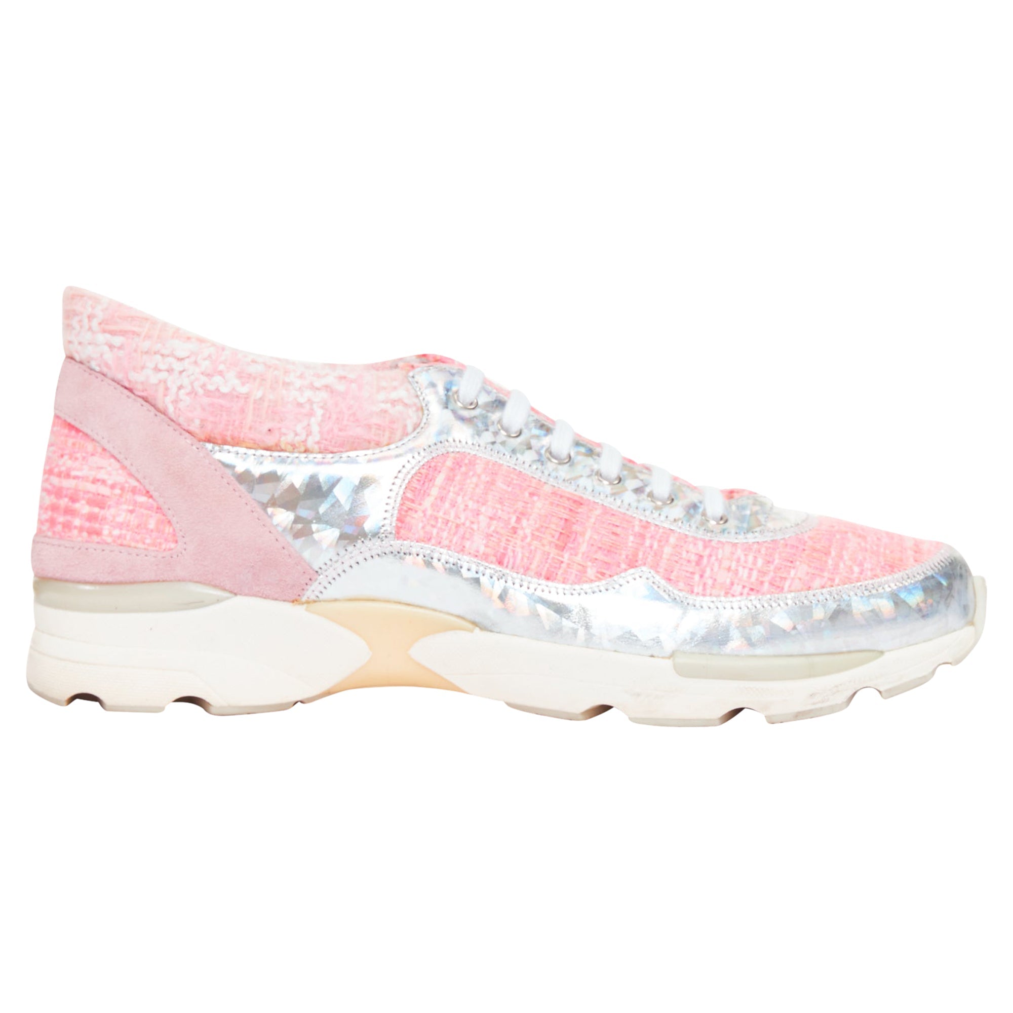 Women's Chanel tweed holographic leather sneakers