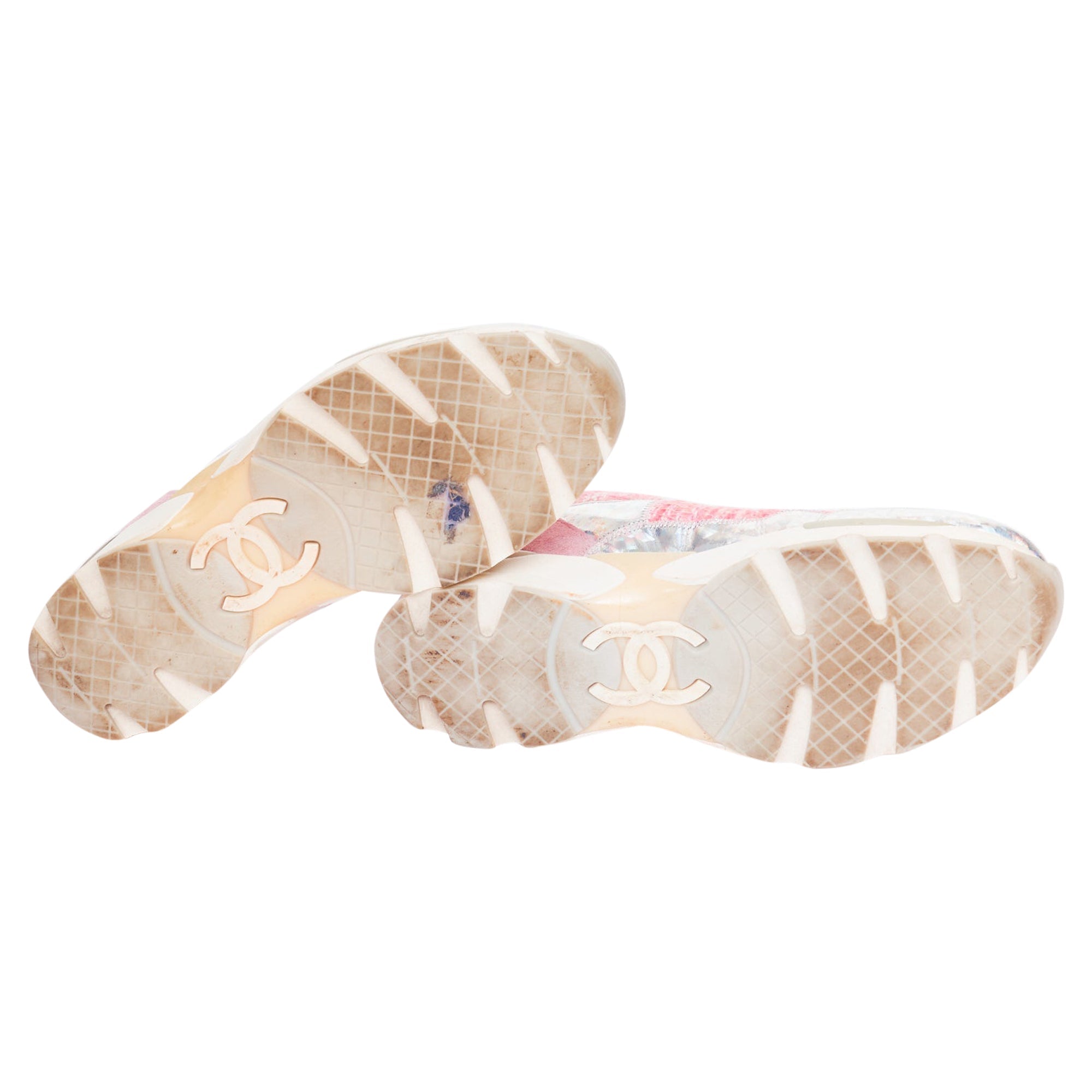 Women's Chanel tweed holographic leather sneakers