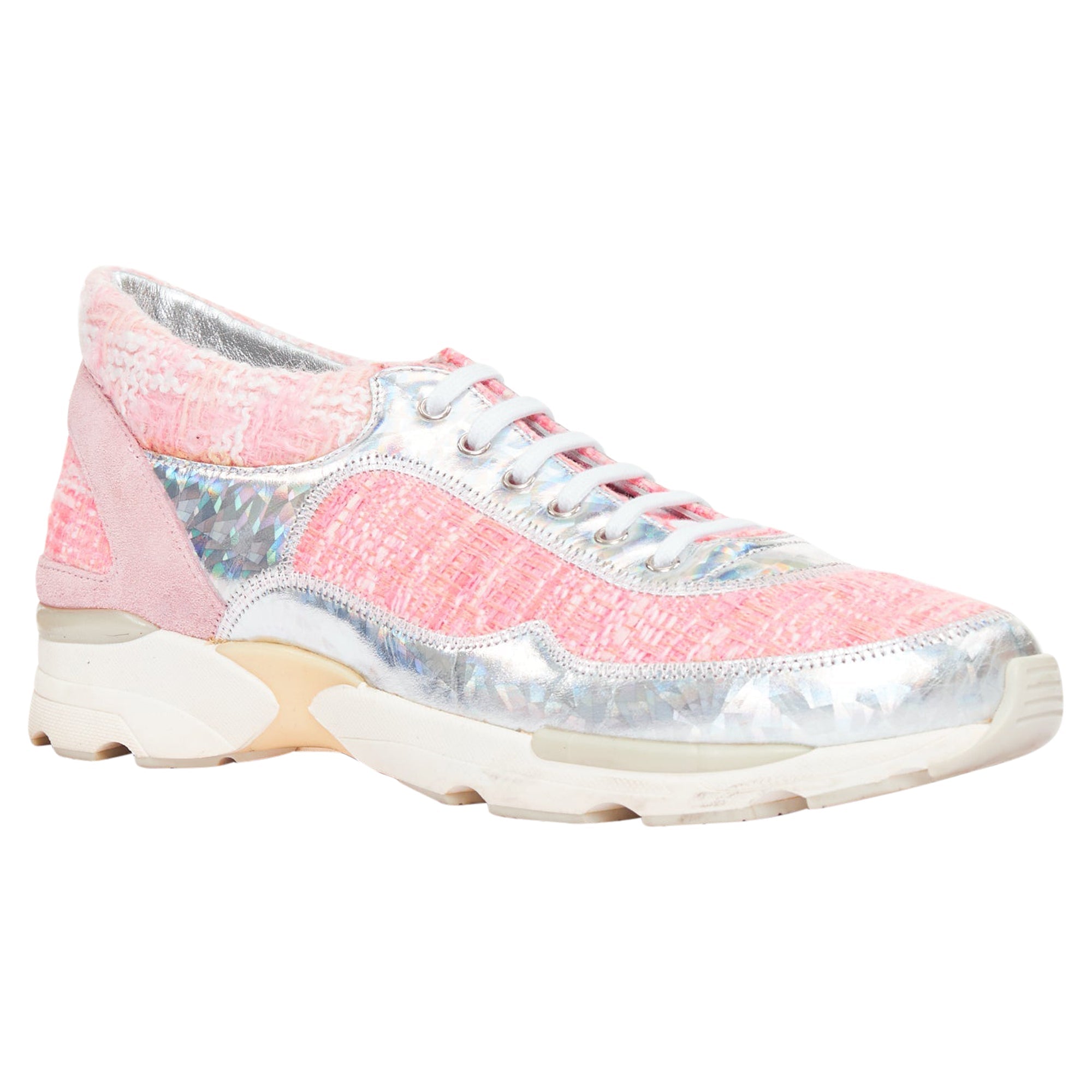 Women's Chanel tweed holographic leather sneakers