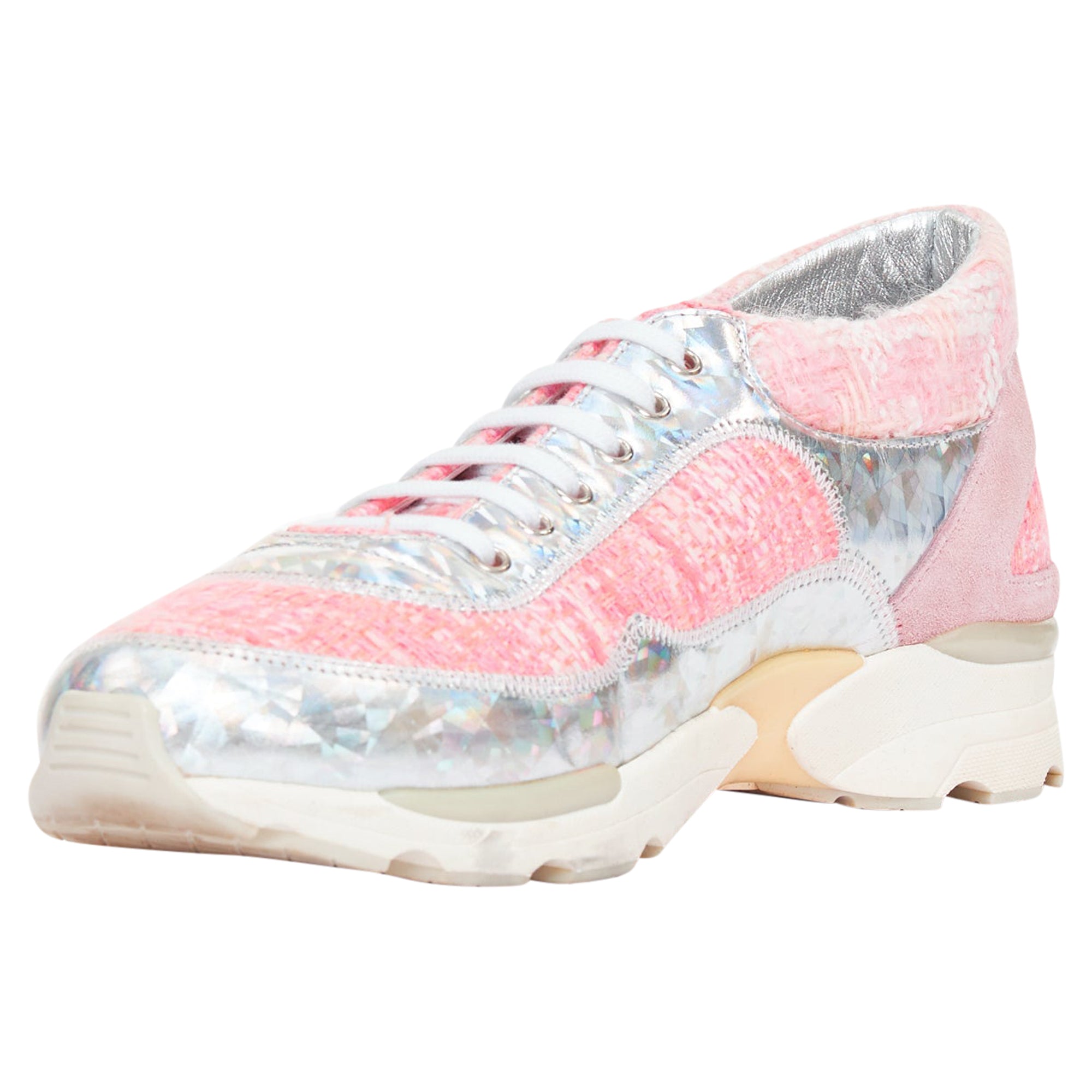 Women's Chanel tweed holographic leather sneakers