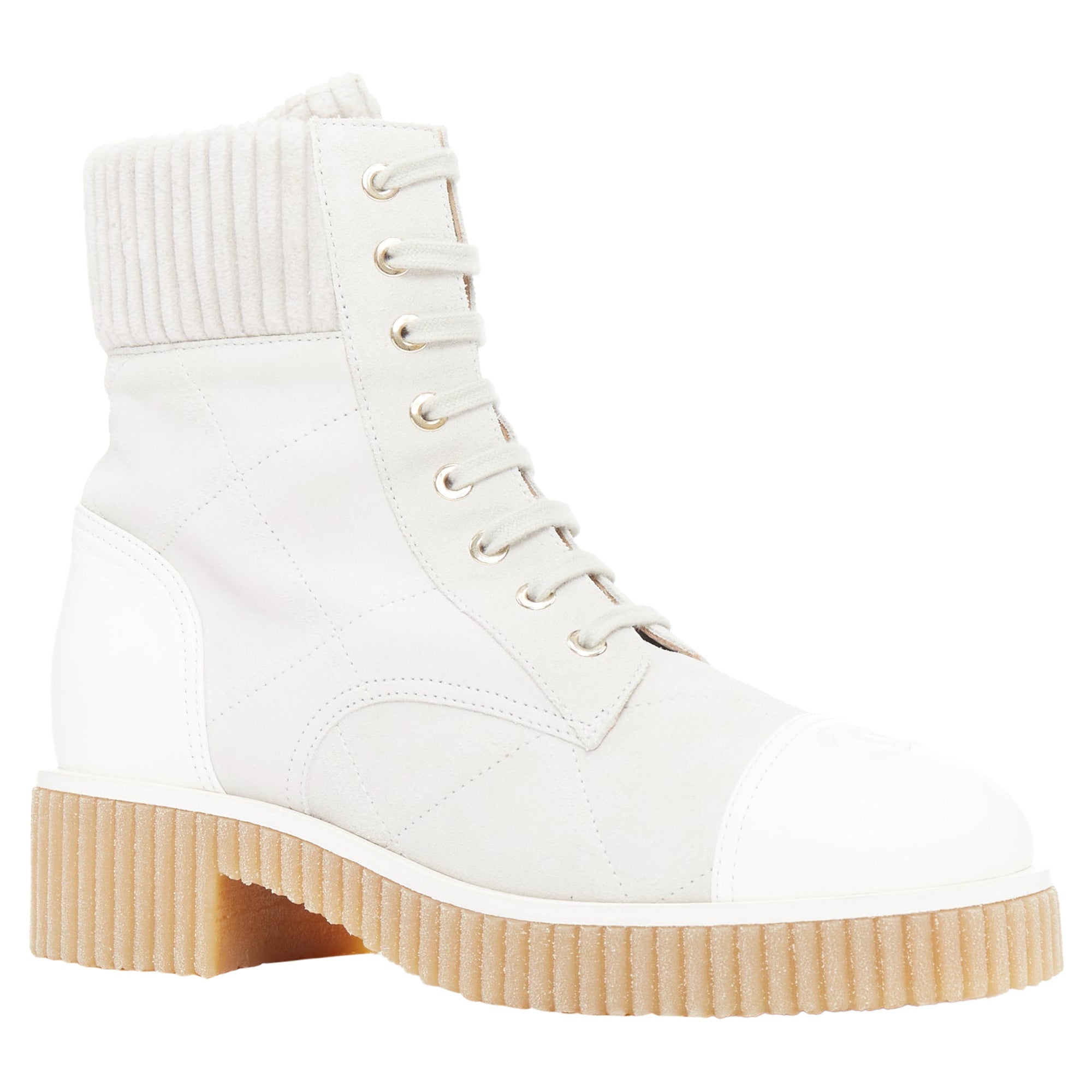 Women's Chanel CC suede calfskin quilted combat boots