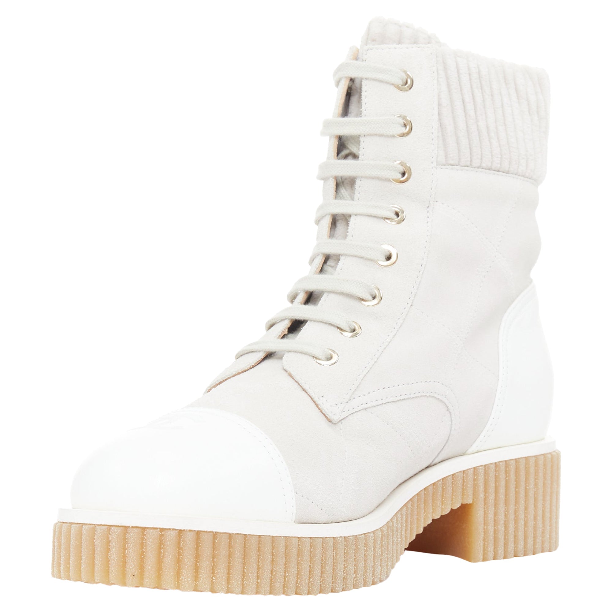 Women's Chanel CC suede calfskin quilted combat boots