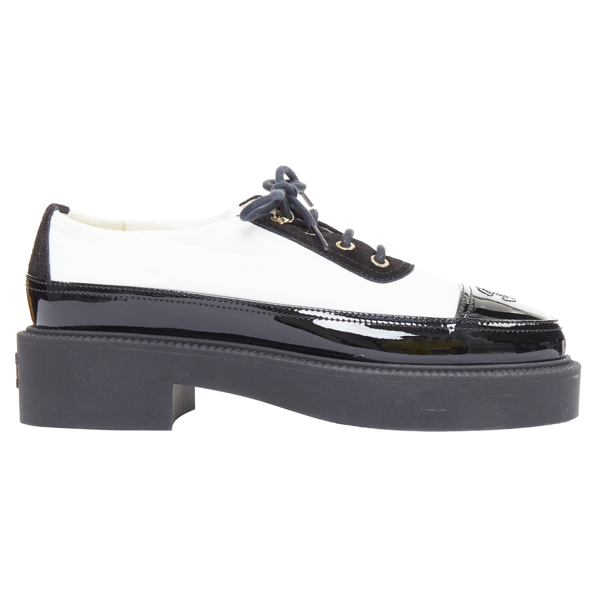 Women's Chanel nylon patent leather trim CC brogue creepers