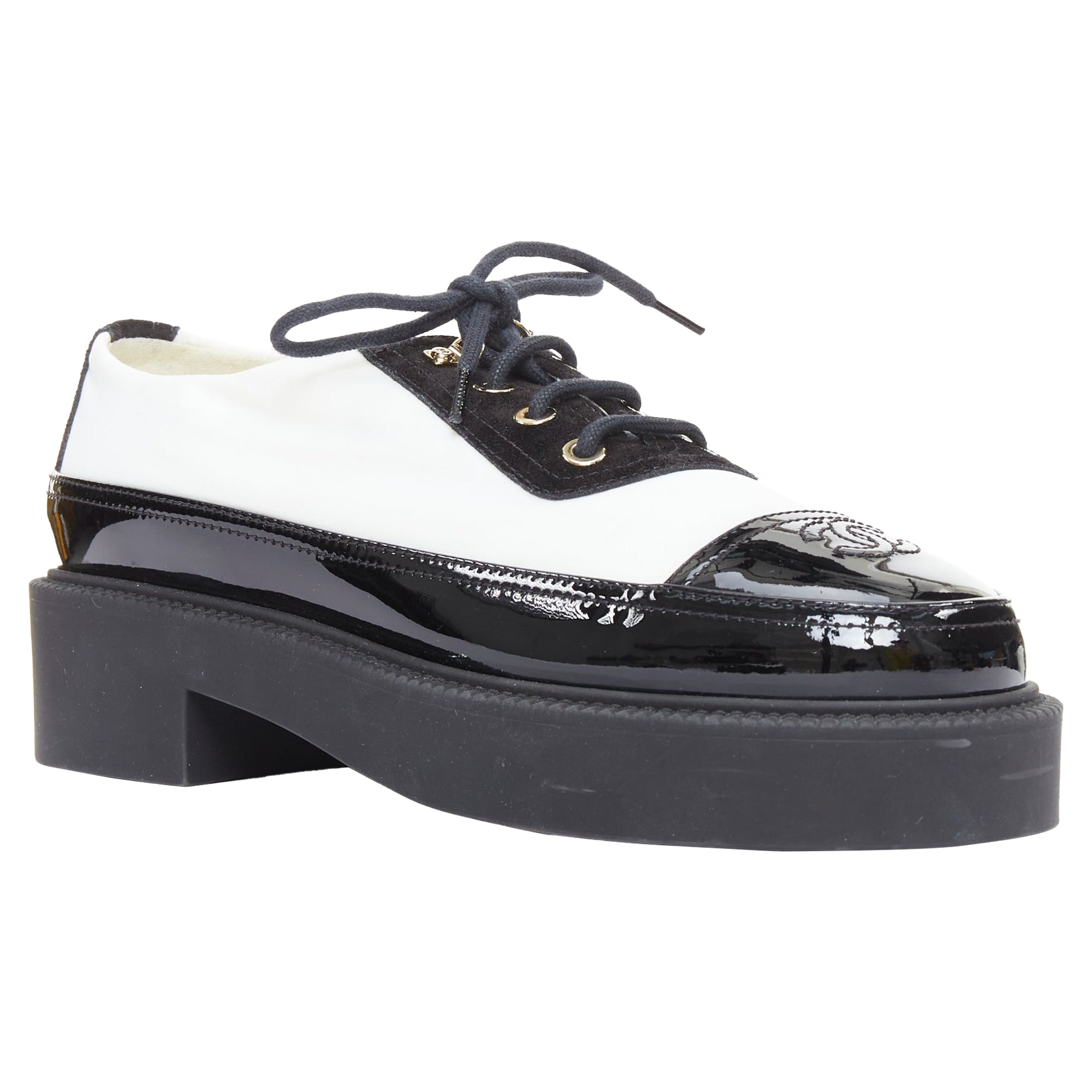 Women's Chanel nylon patent leather trim CC brogue creepers