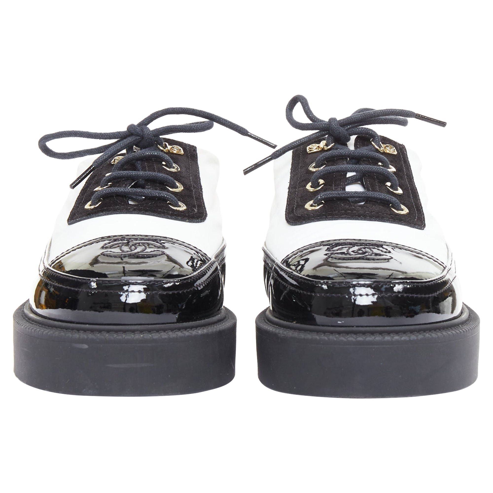 Women's Chanel nylon patent leather trim CC brogue creepers