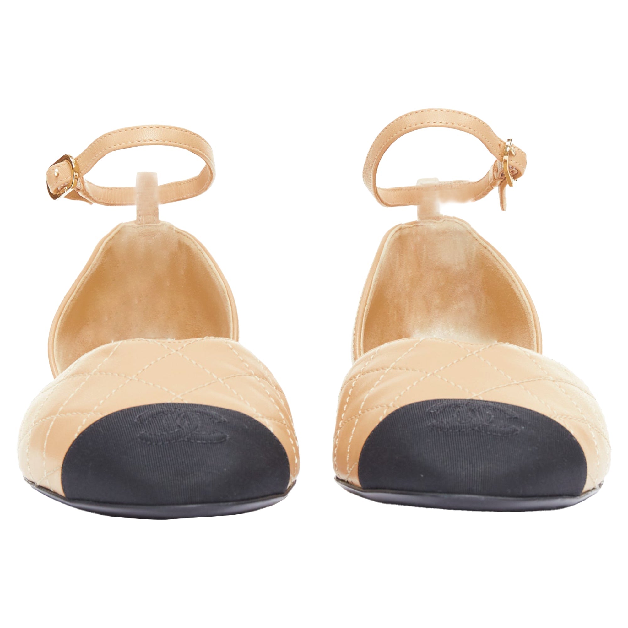 Women's Chanel lambskin stitching grosgrain CC toe cap ankle strap flats