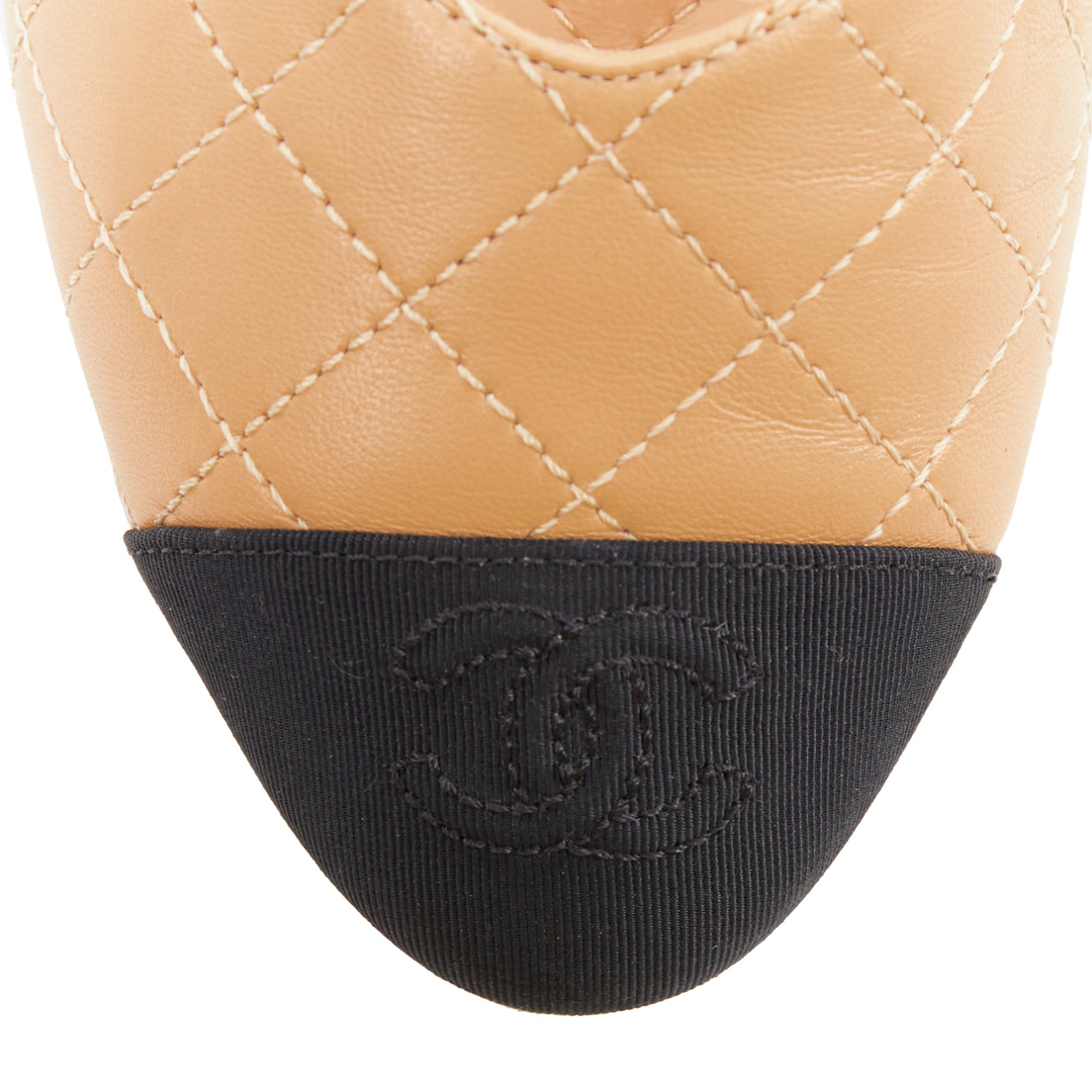 Women's Chanel lambskin stitching grosgrain CC toe cap ankle strap flats
