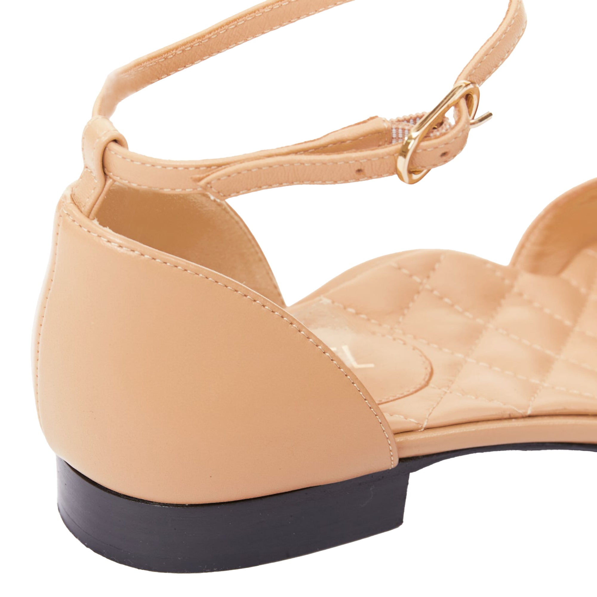 Women's Chanel lambskin stitching grosgrain CC toe cap ankle strap flats