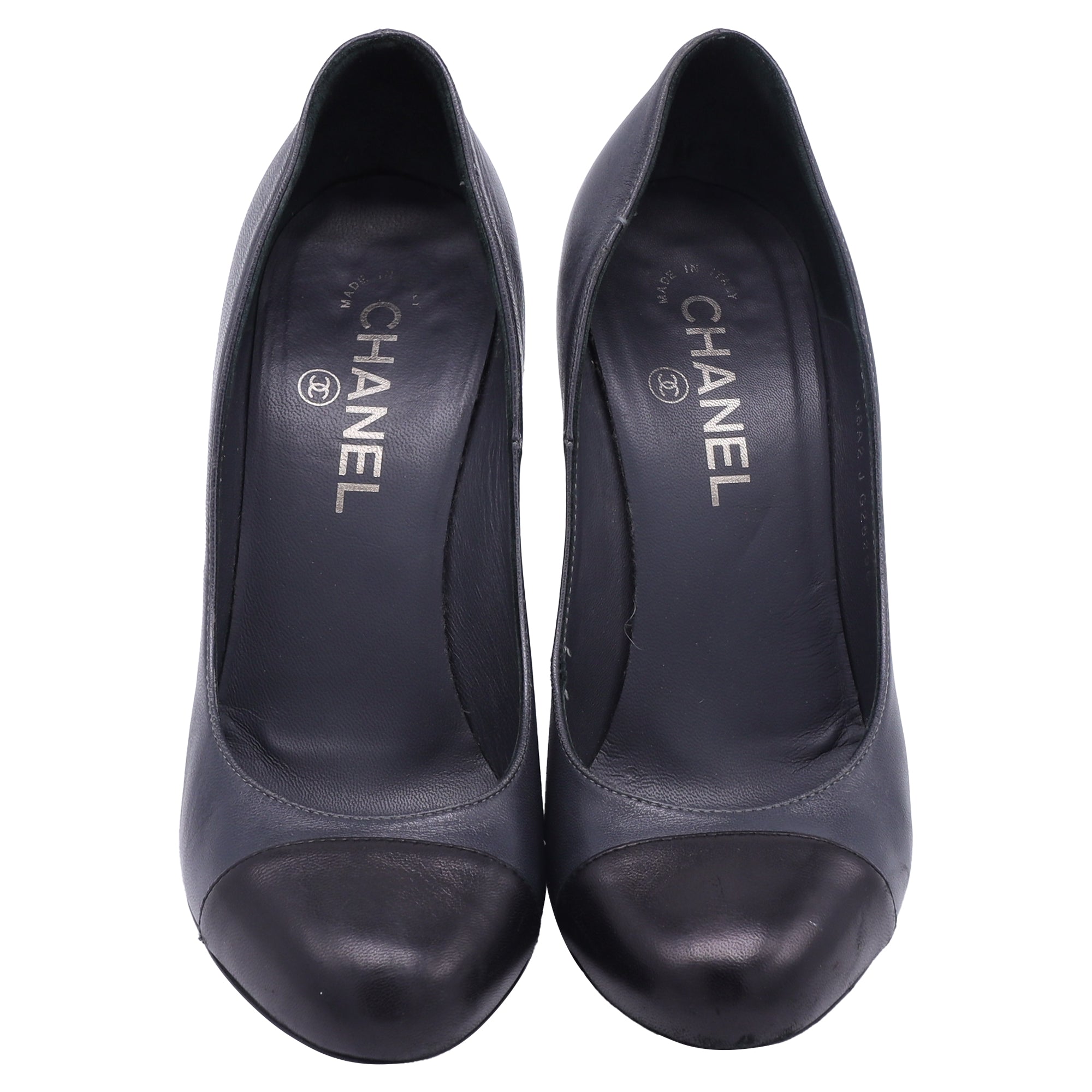 Women's  Chanel CC Cap Toe Block-Heel Pumps in Dark Grey Leather