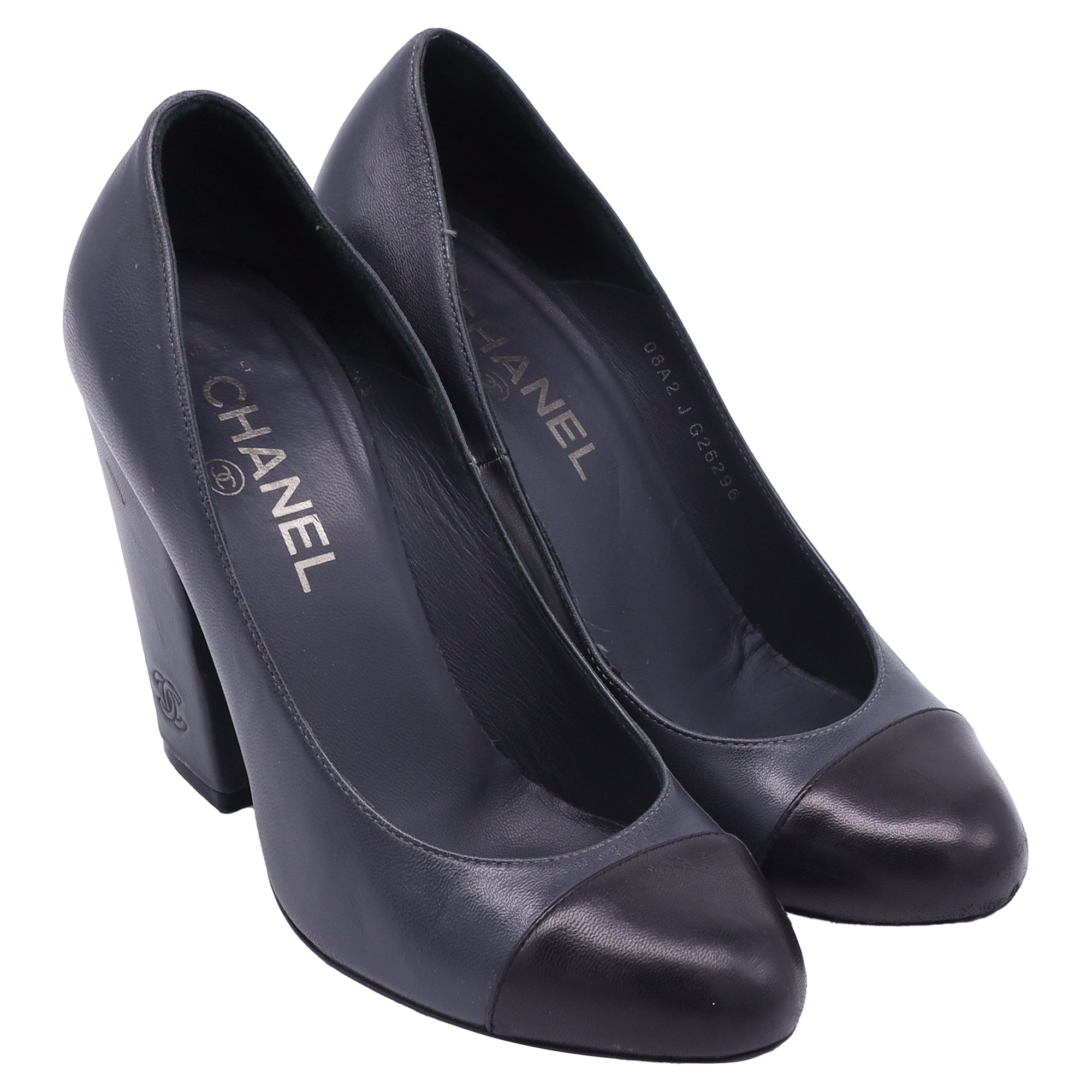 Women's  Chanel CC Cap Toe Block-Heel Pumps in Dark Grey Leather
