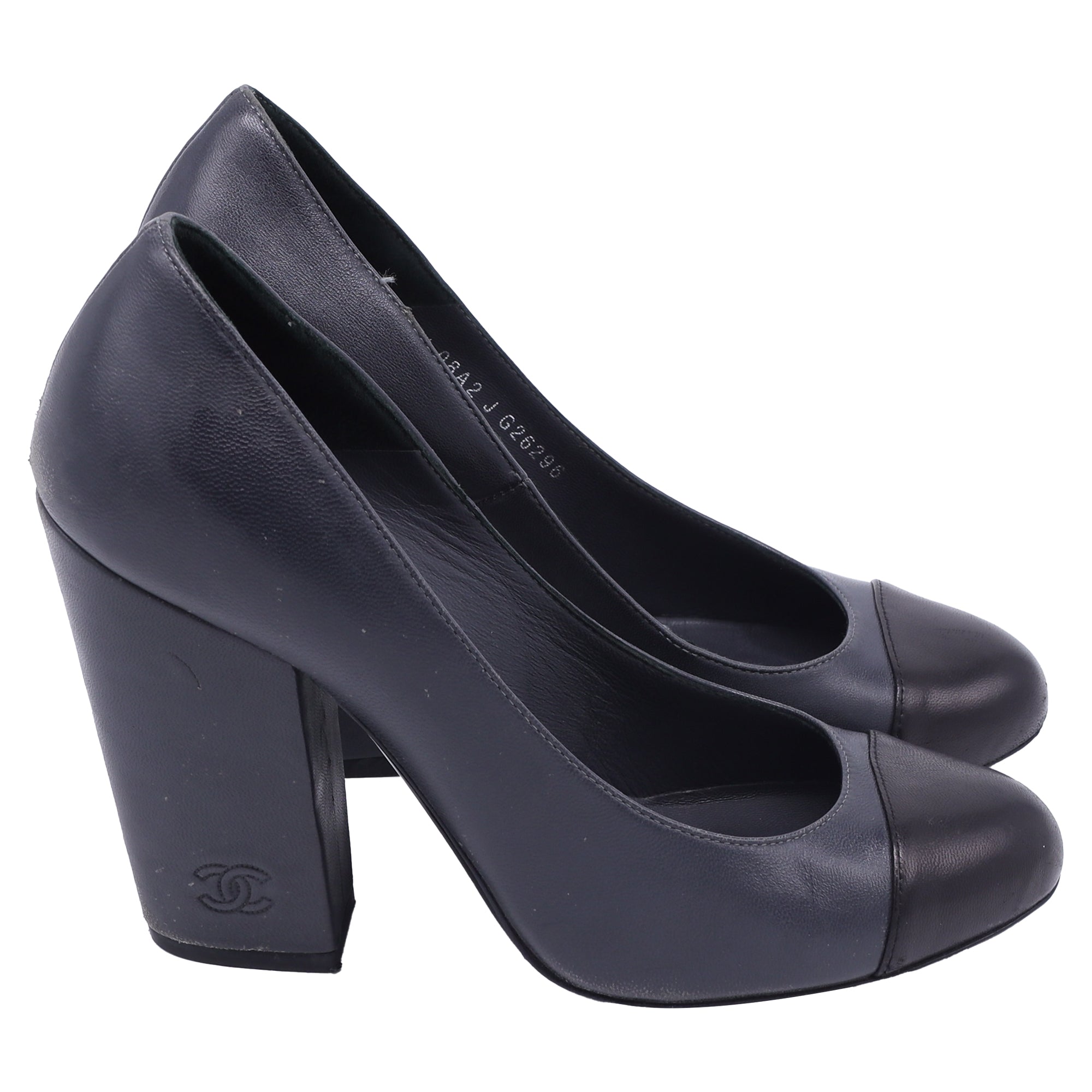 Women's  Chanel CC Cap Toe Block-Heel Pumps in Dark Grey Leather