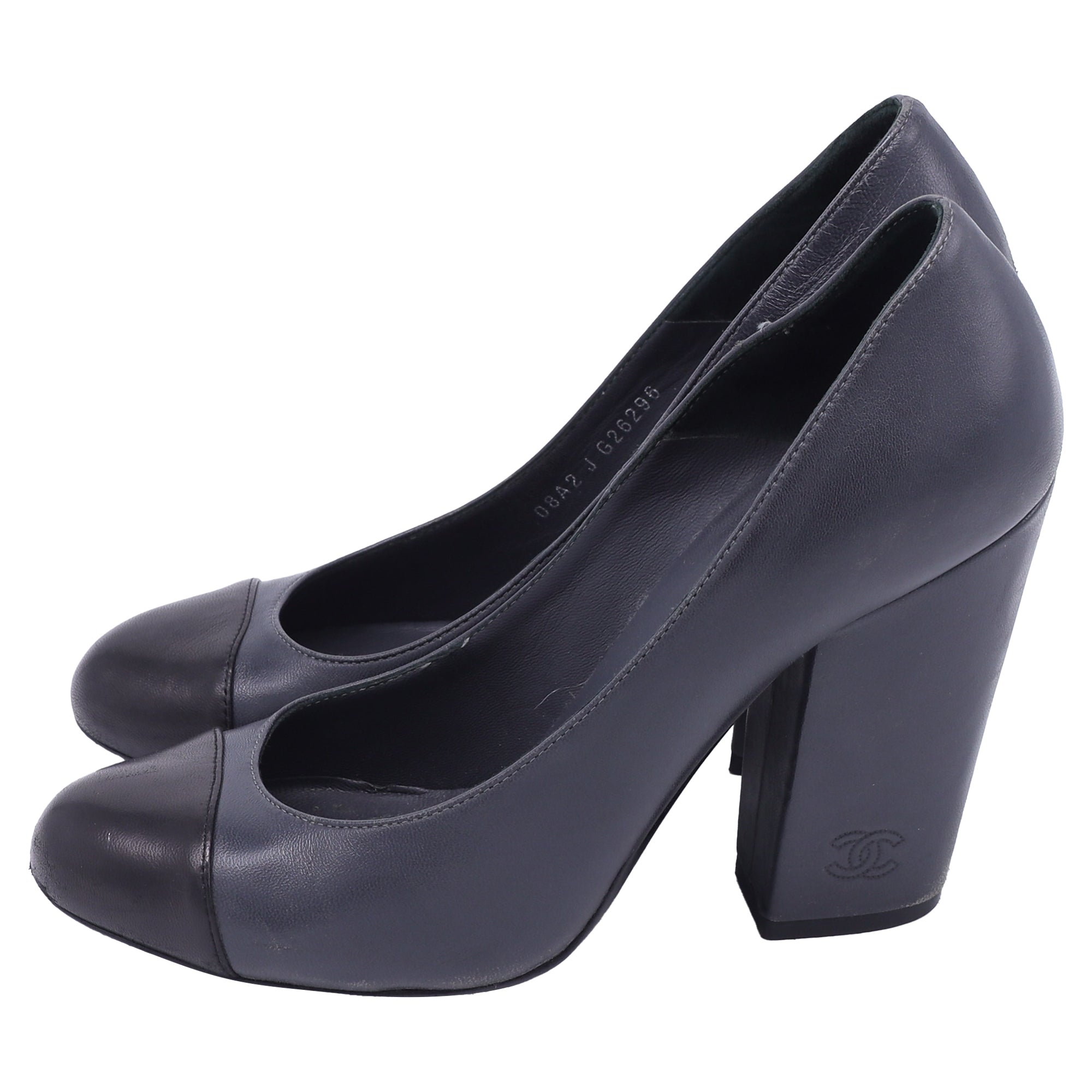 Women's  Chanel CC Cap Toe Block-Heel Pumps in Dark Grey Leather