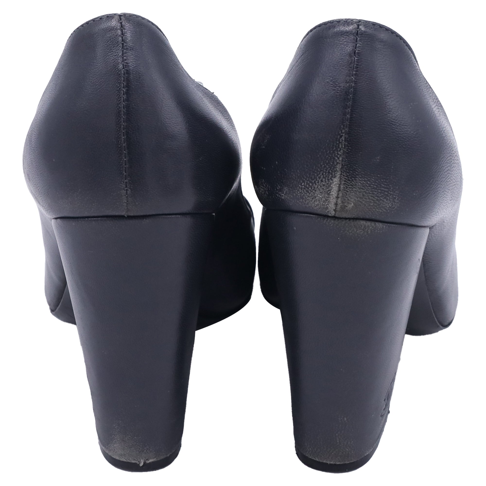 Women's  Chanel CC Cap Toe Block-Heel Pumps in Dark Grey Leather