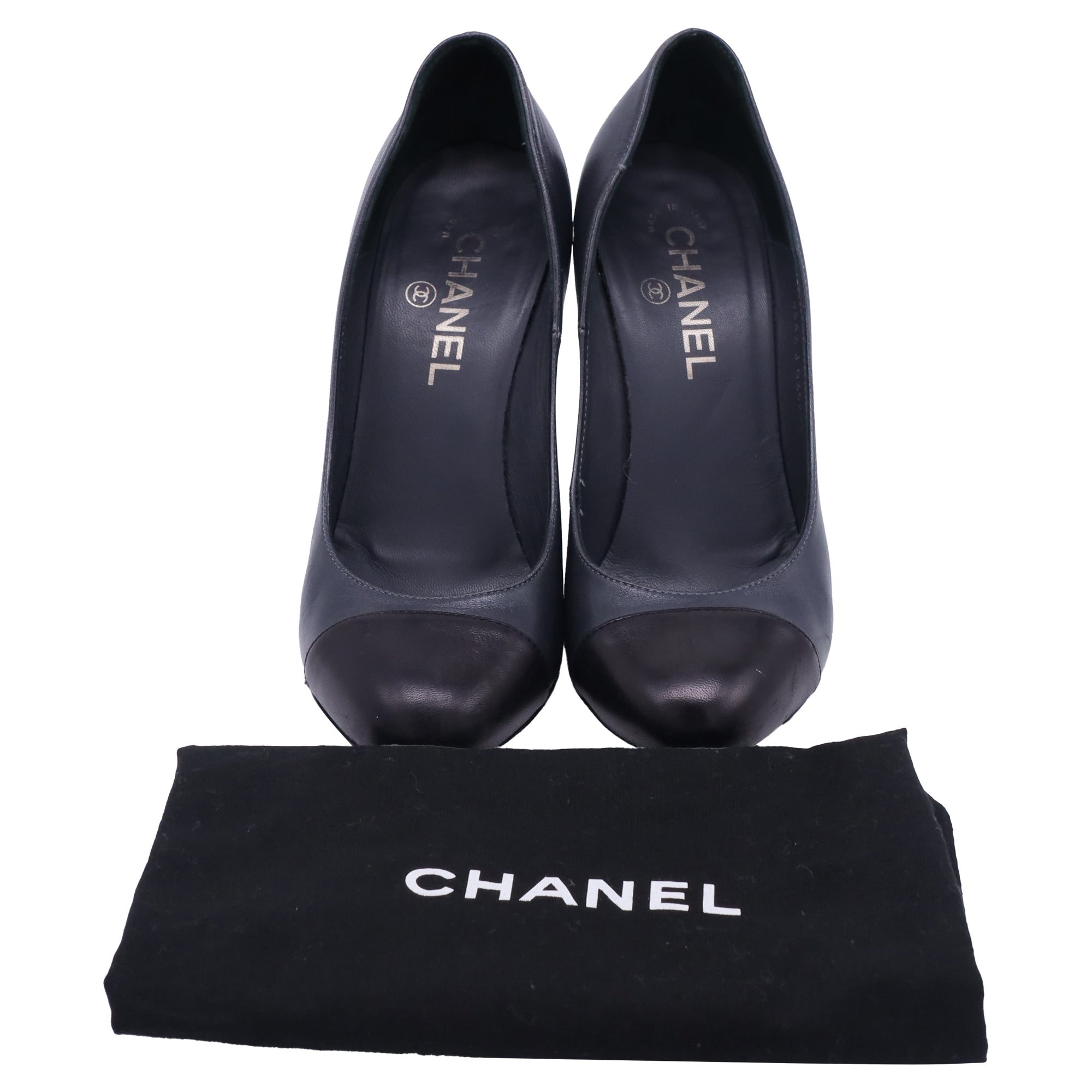 Women's  Chanel CC Cap Toe Block-Heel Pumps in Dark Grey Leather