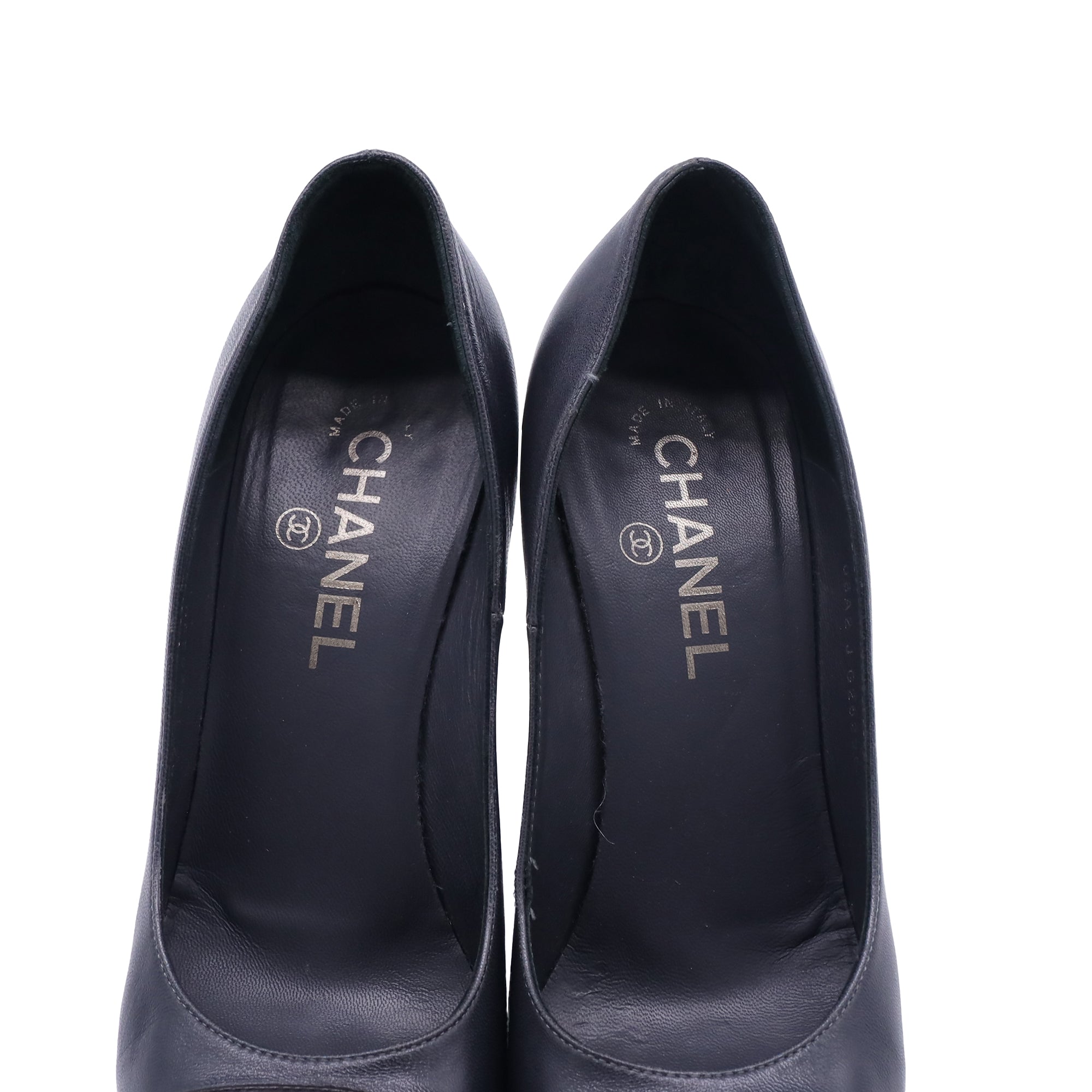 Women's  Chanel CC Cap Toe Block-Heel Pumps in Dark Grey Leather