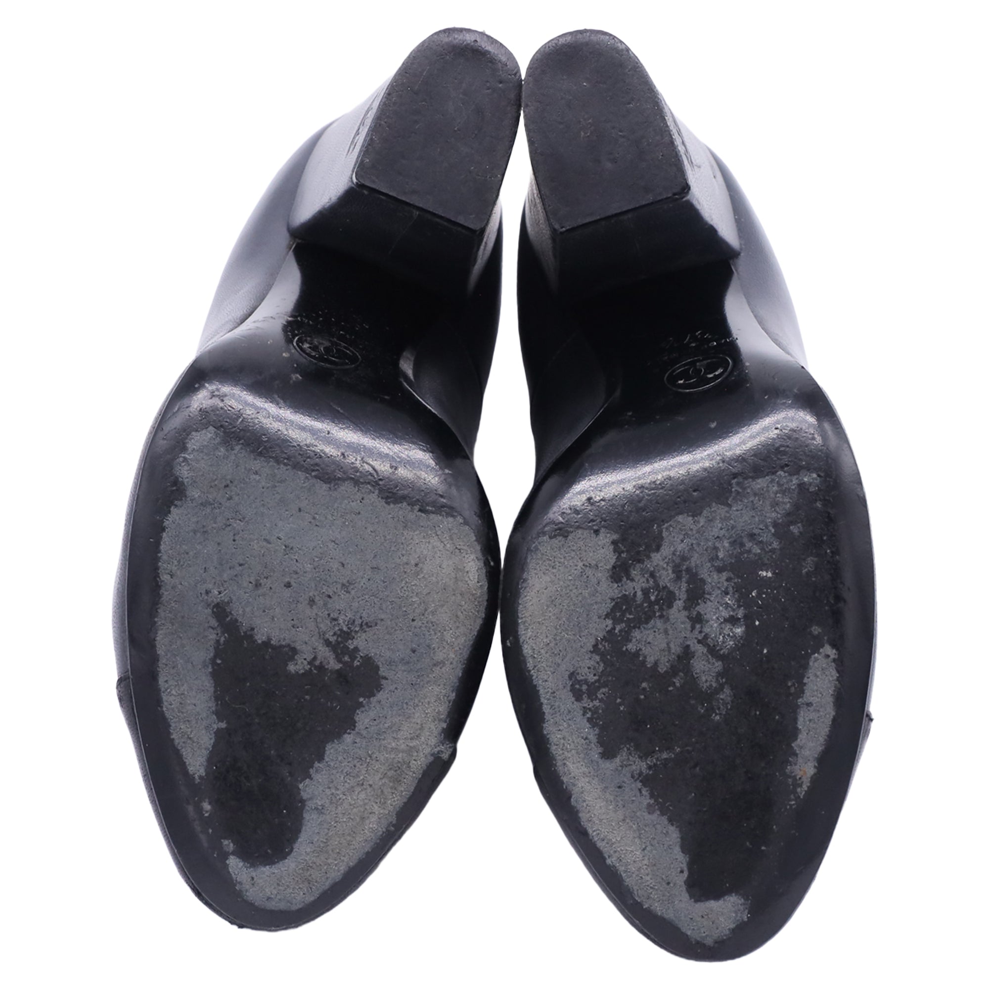 Women's  Chanel CC Cap Toe Block-Heel Pumps in Dark Grey Leather