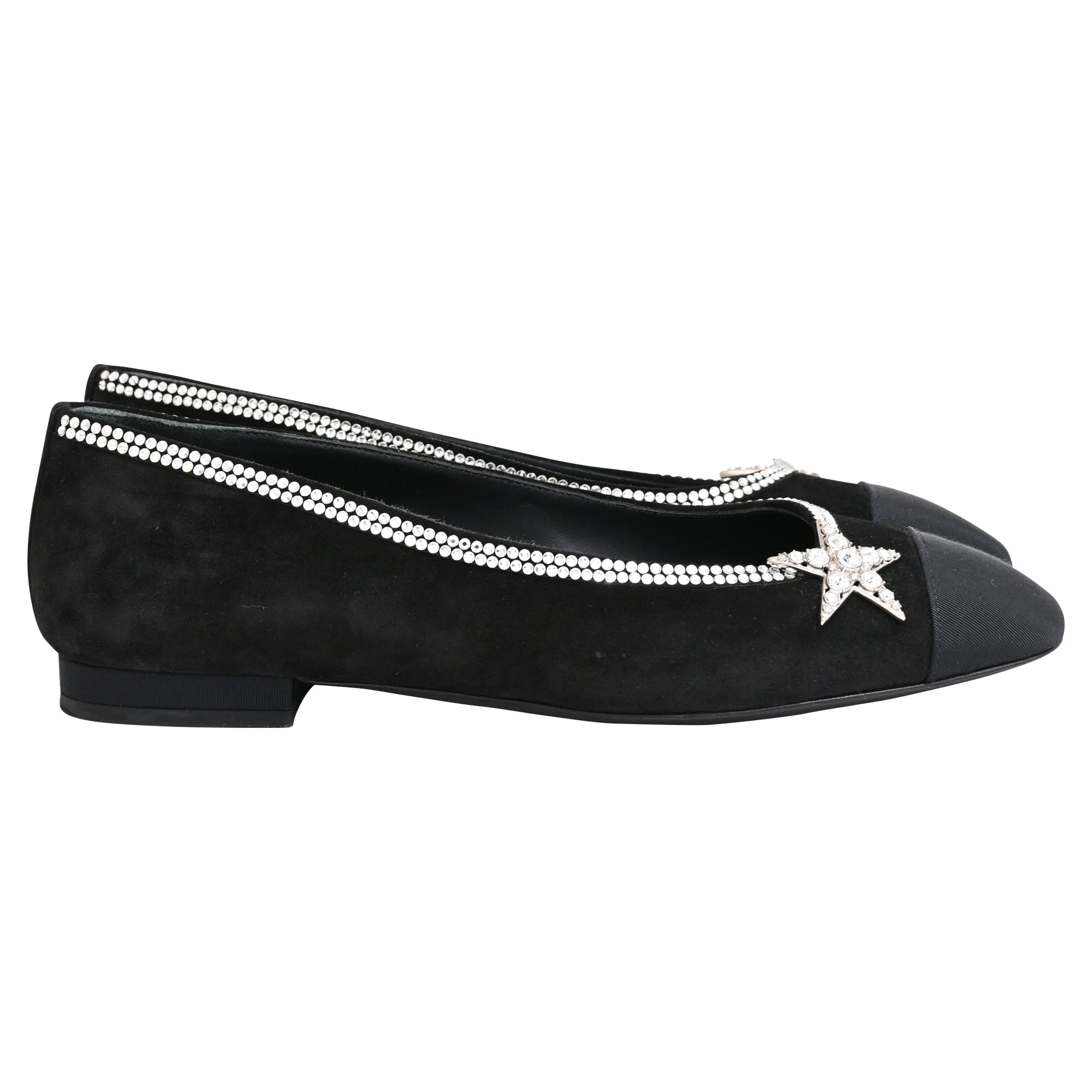 Women's Chanel Cap Toe Star Ballet Flats in Black Suede