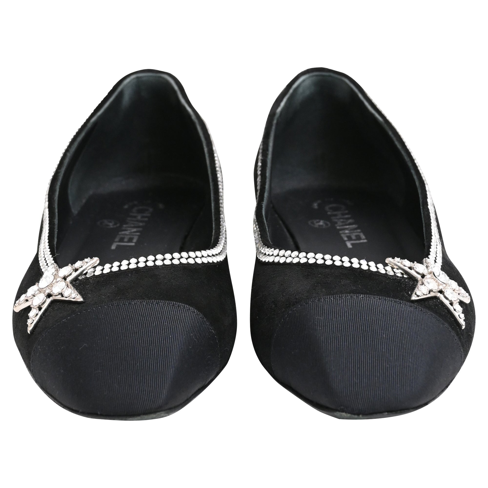 Women's Chanel Cap Toe Star Ballet Flats in Black Suede