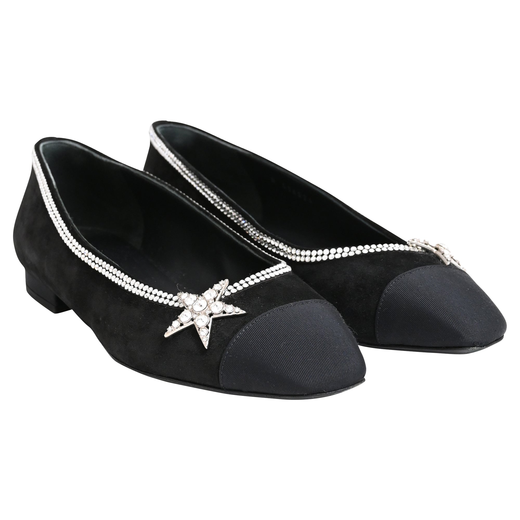Women's Chanel Cap Toe Star Ballet Flats in Black Suede