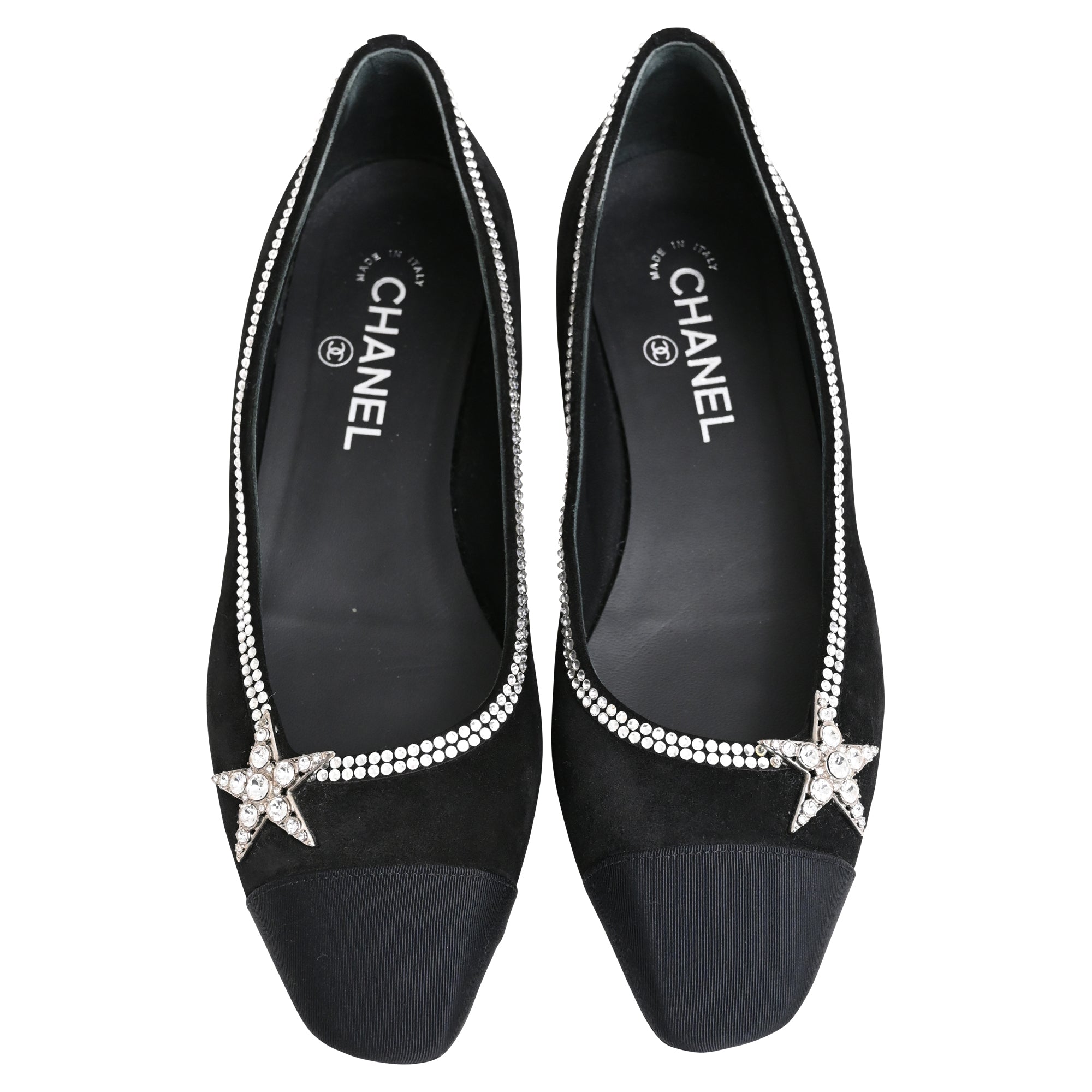 Women's Chanel Cap Toe Star Ballet Flats in Black Suede