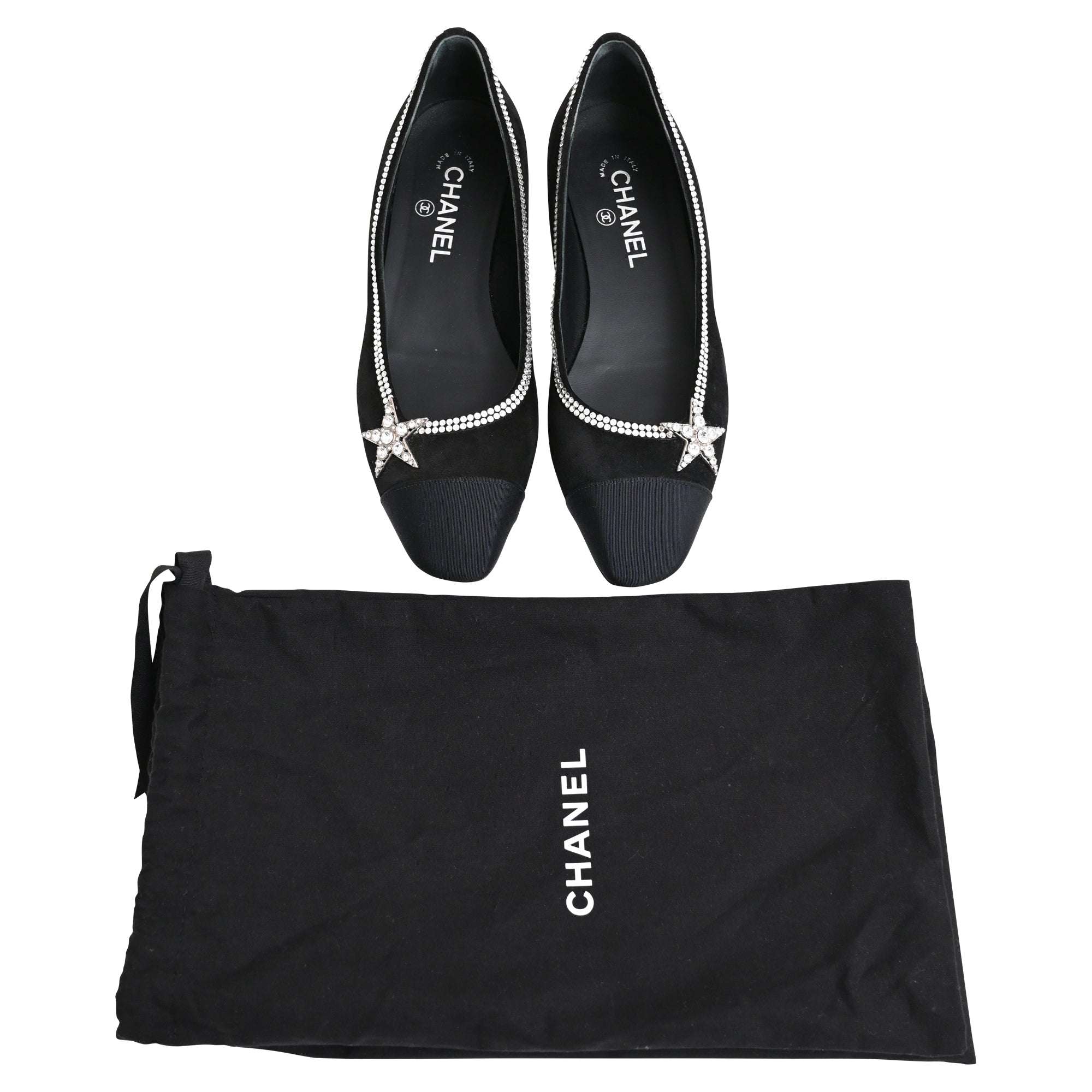 Women's Chanel Cap Toe Star Ballet Flats in Black Suede