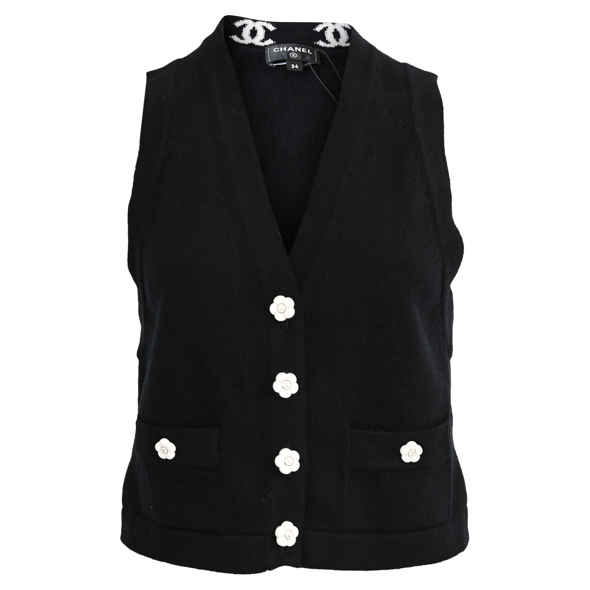 Women's Chanel Flower Button 2023 Sweater Vest in Black Cashmere