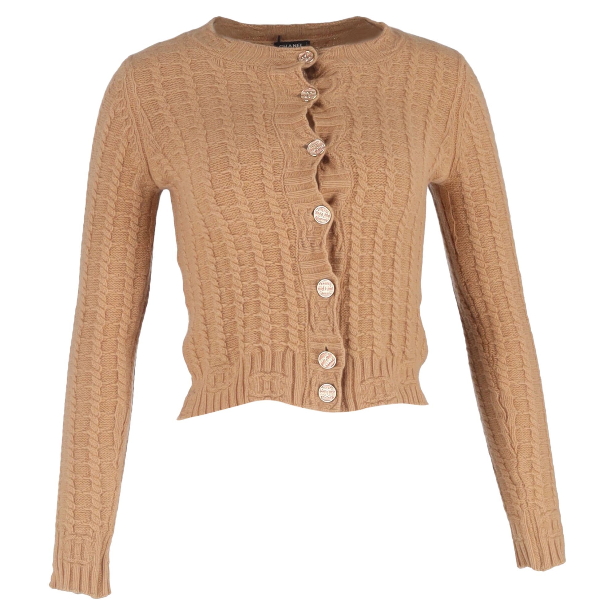 Women's Chanel Cable Knit Cardigan in Brown Wool