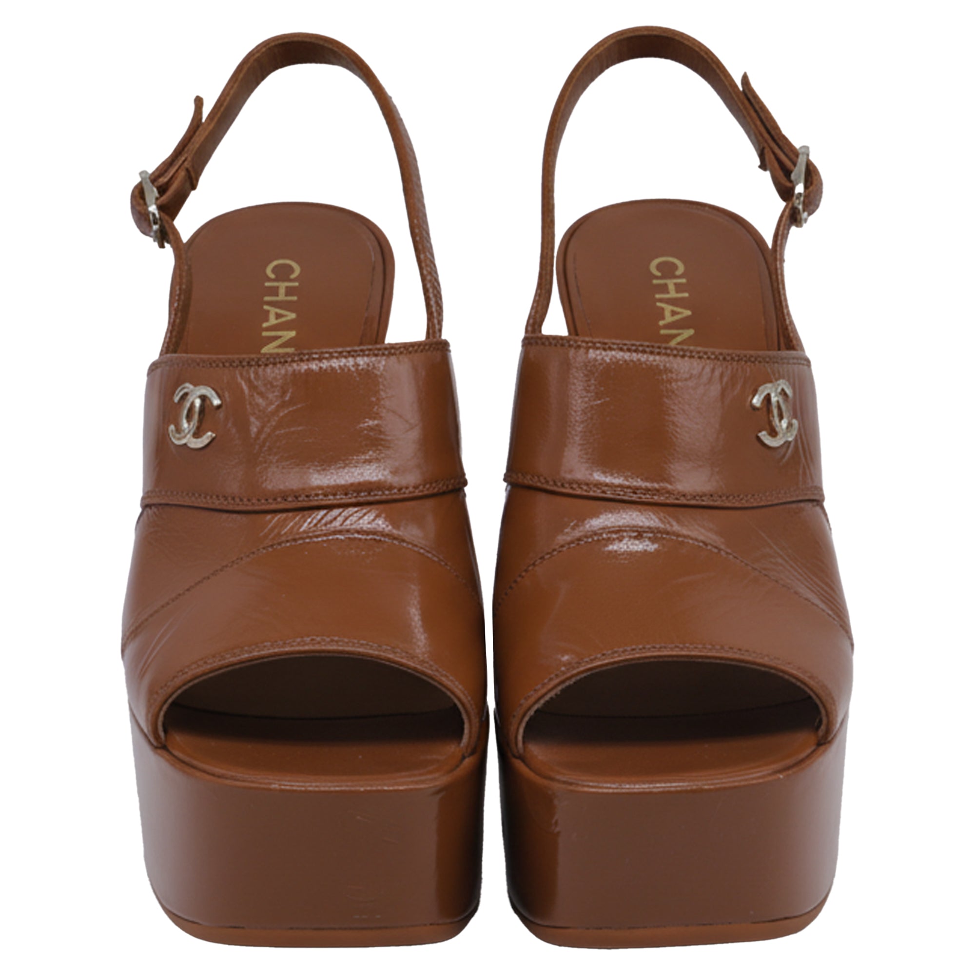 Women's Chanel CC Slingback Platform Sandal Heels in Brown Patent Leather