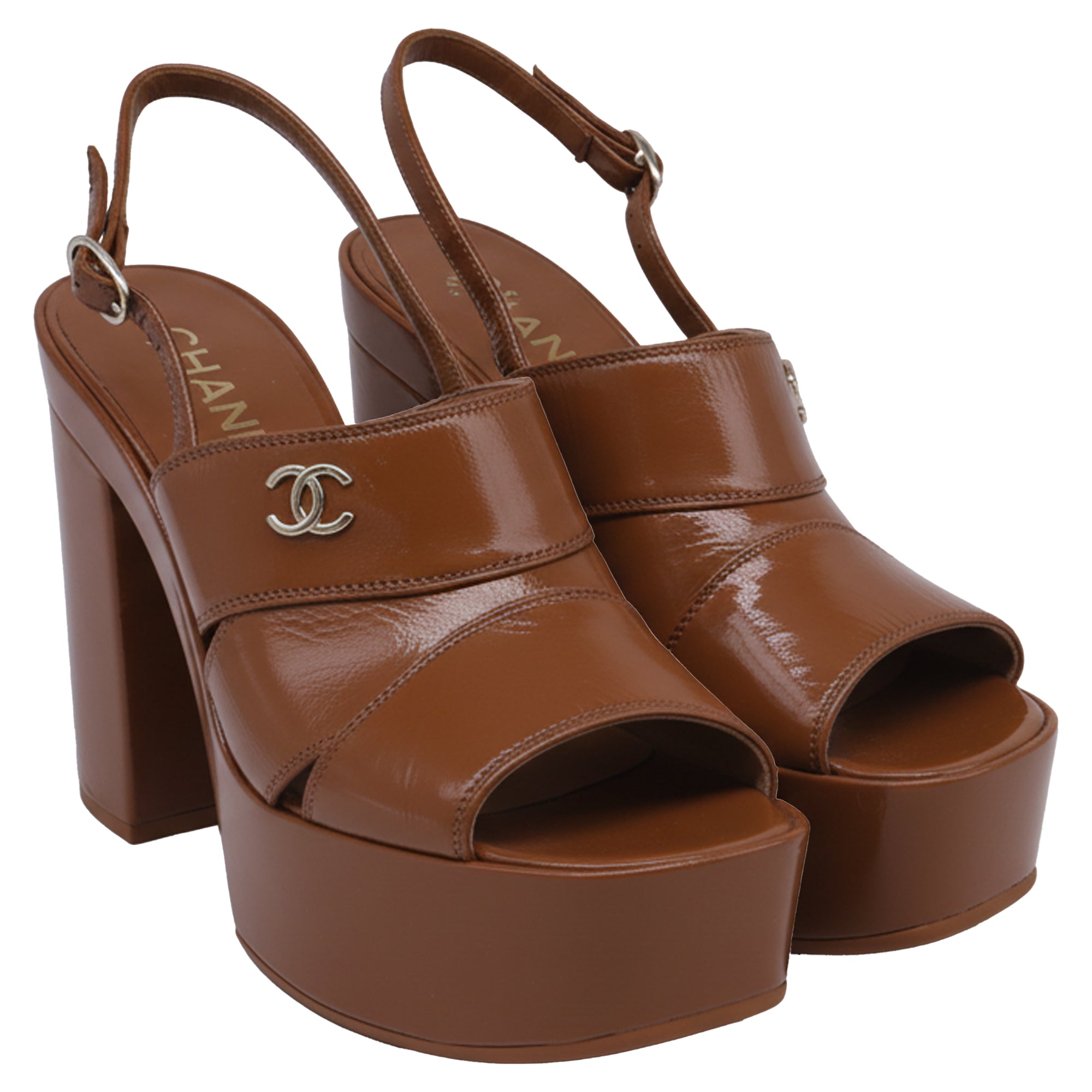 Women's Chanel CC Slingback Platform Sandal Heels in Brown Patent Leather