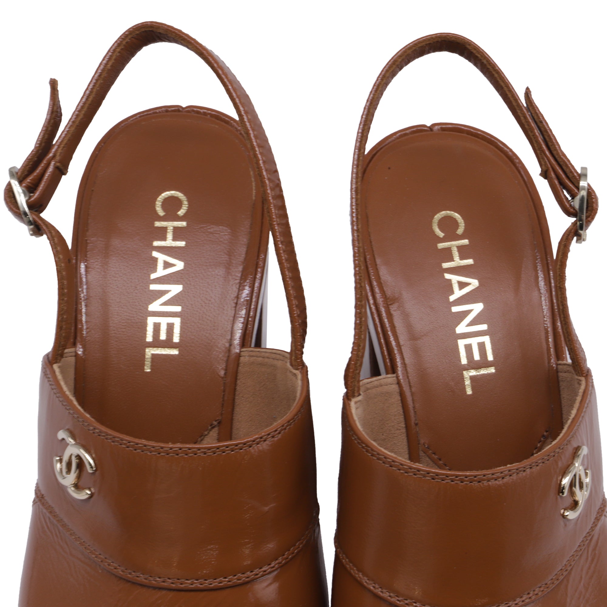 Women's Chanel CC Slingback Platform Sandal Heels in Brown Patent Leather