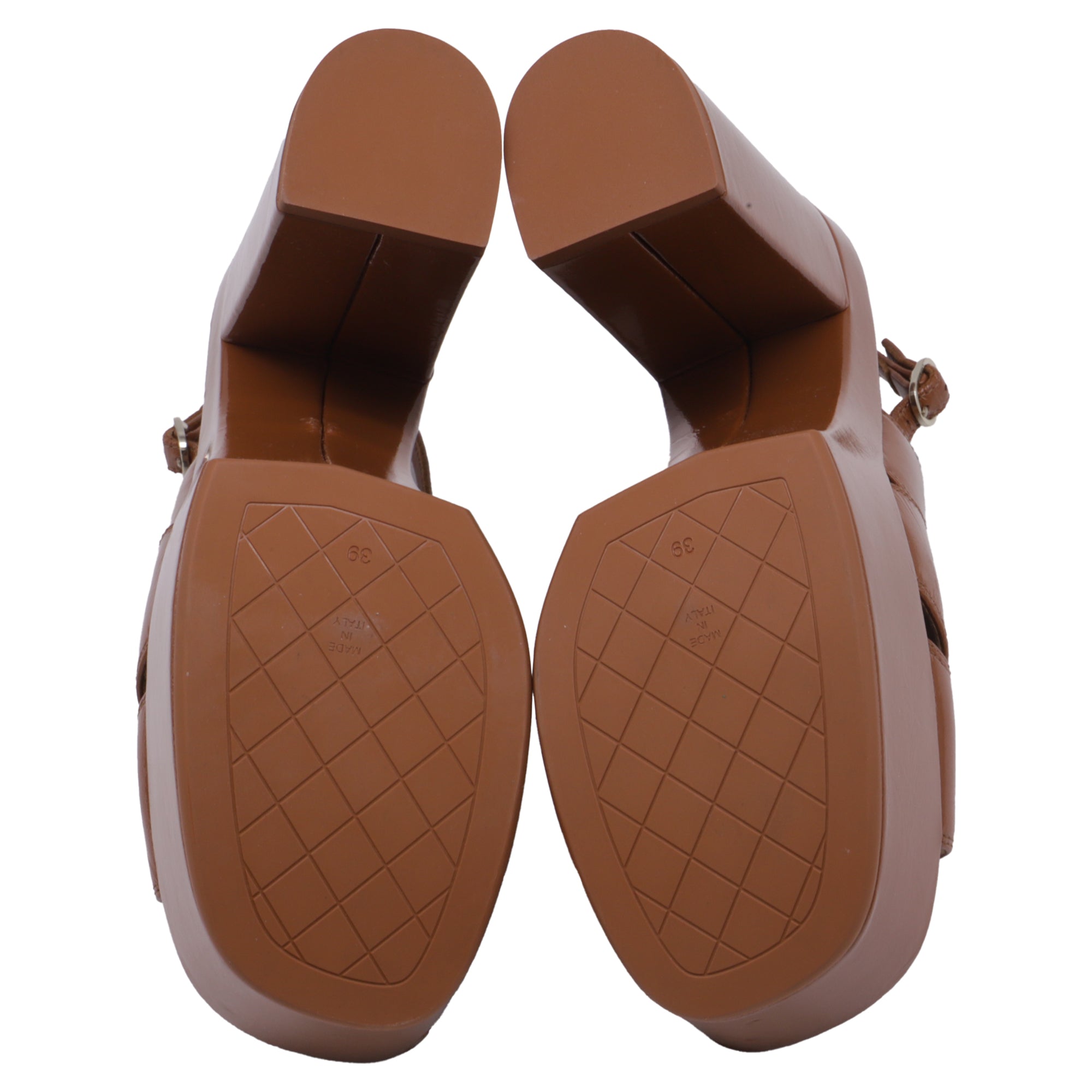 Women's Chanel CC Slingback Platform Sandal Heels in Brown Patent Leather