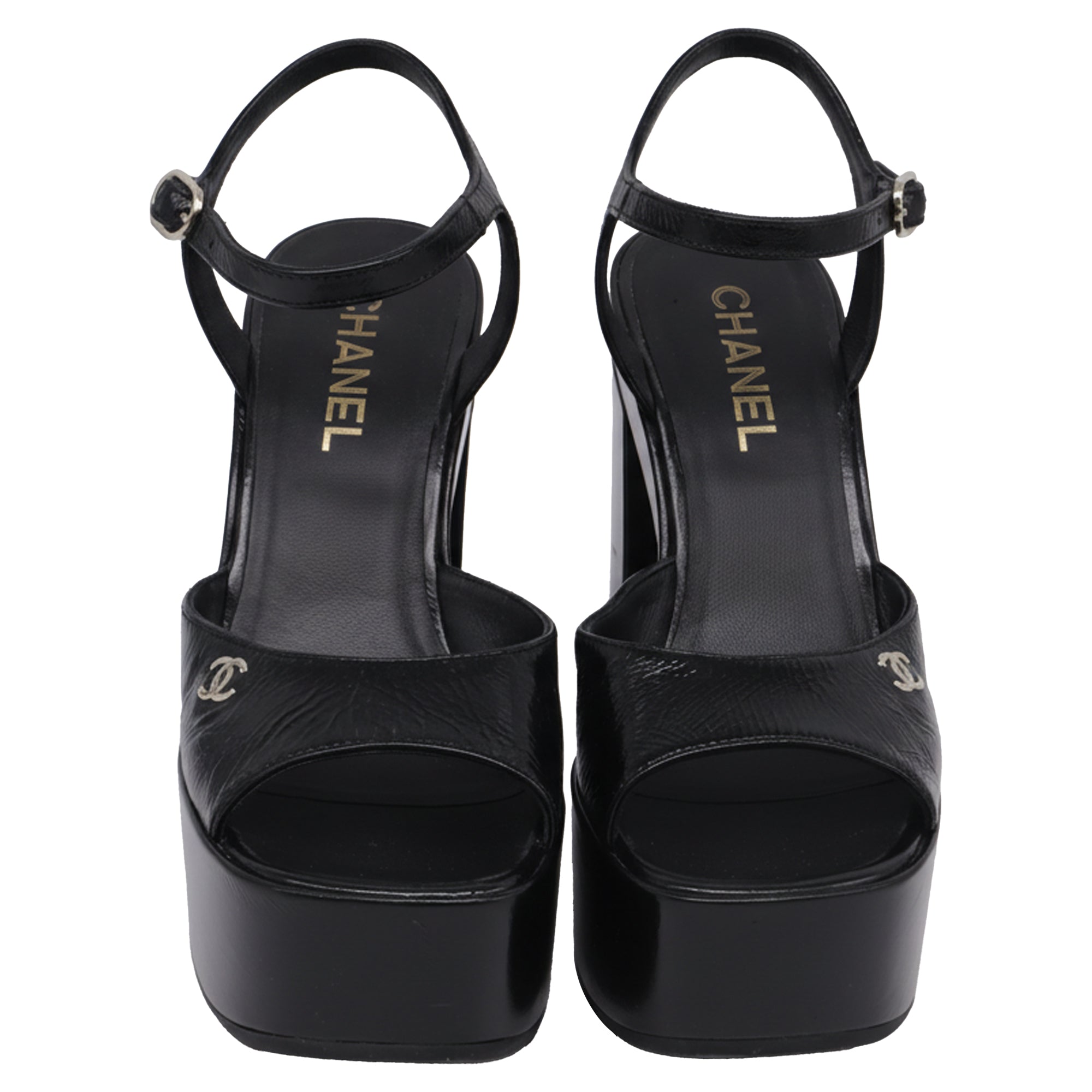 Women's Chanel CC Ankle Strap Platform Sandals in Black Patent Leather