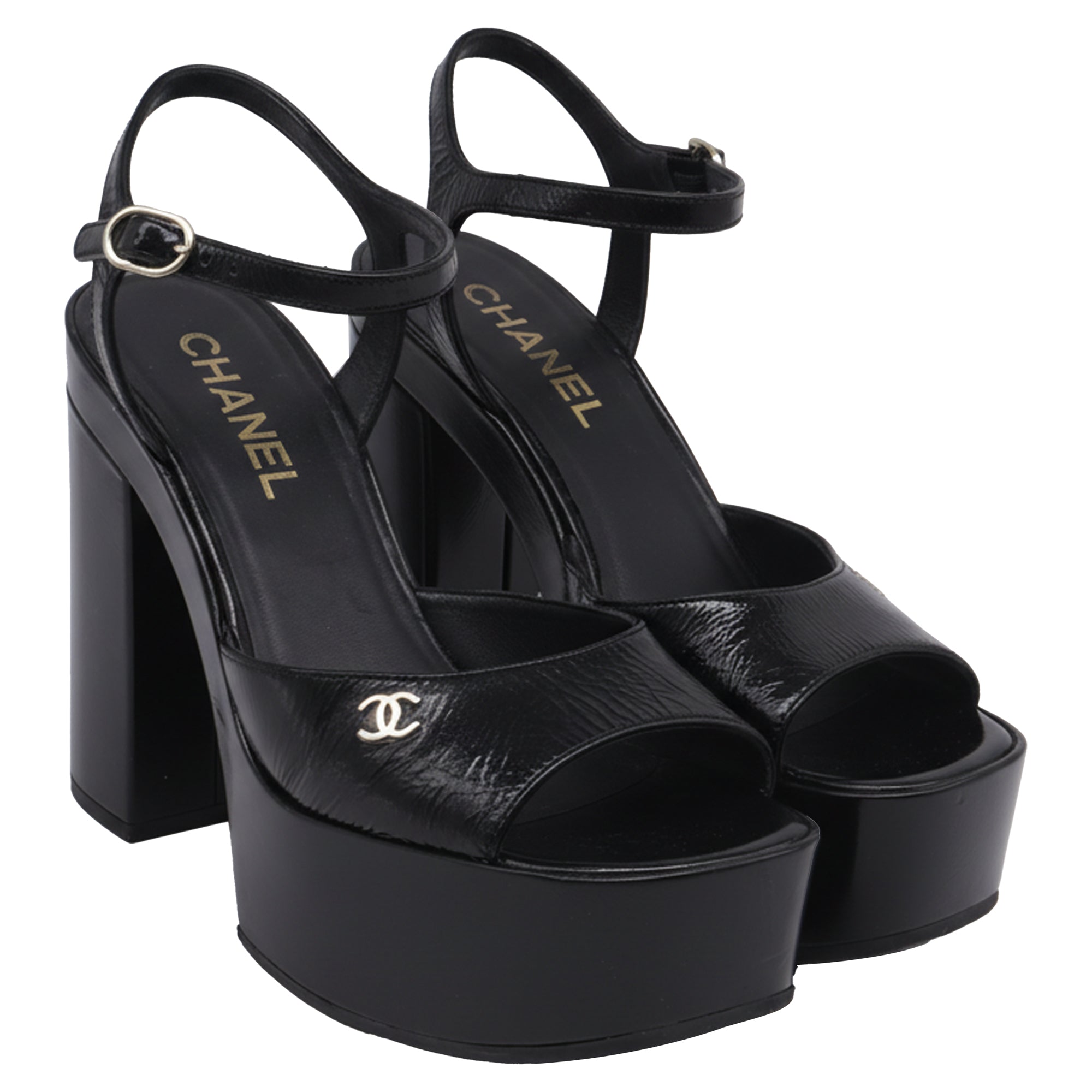Women's Chanel CC Ankle Strap Platform Sandals in Black Patent Leather