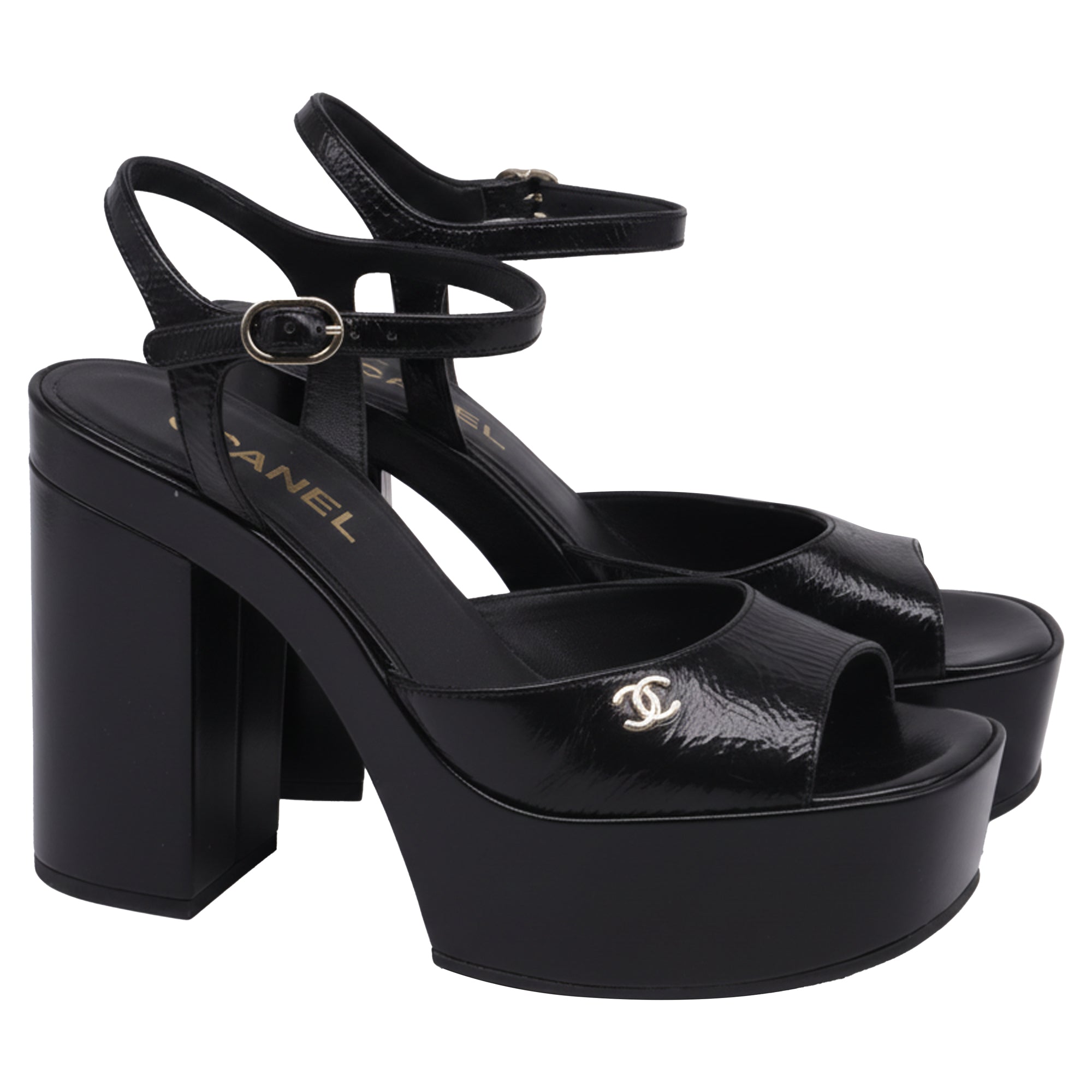 Women's Chanel CC Ankle Strap Platform Sandals in Black Patent Leather