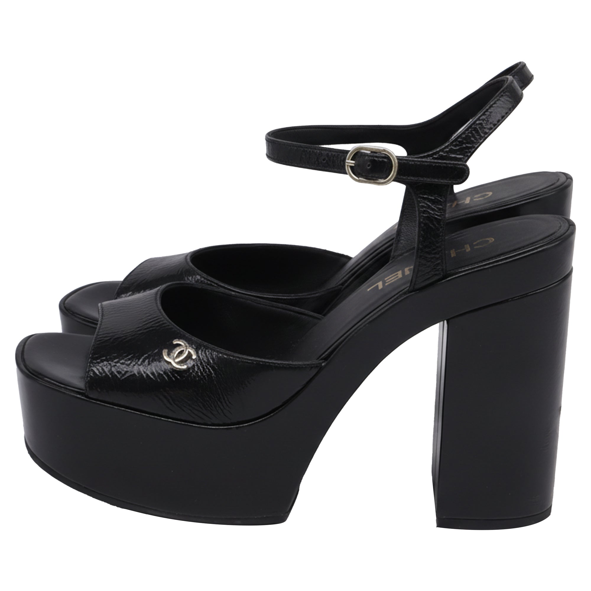 Women's Chanel CC Ankle Strap Platform Sandals in Black Patent Leather