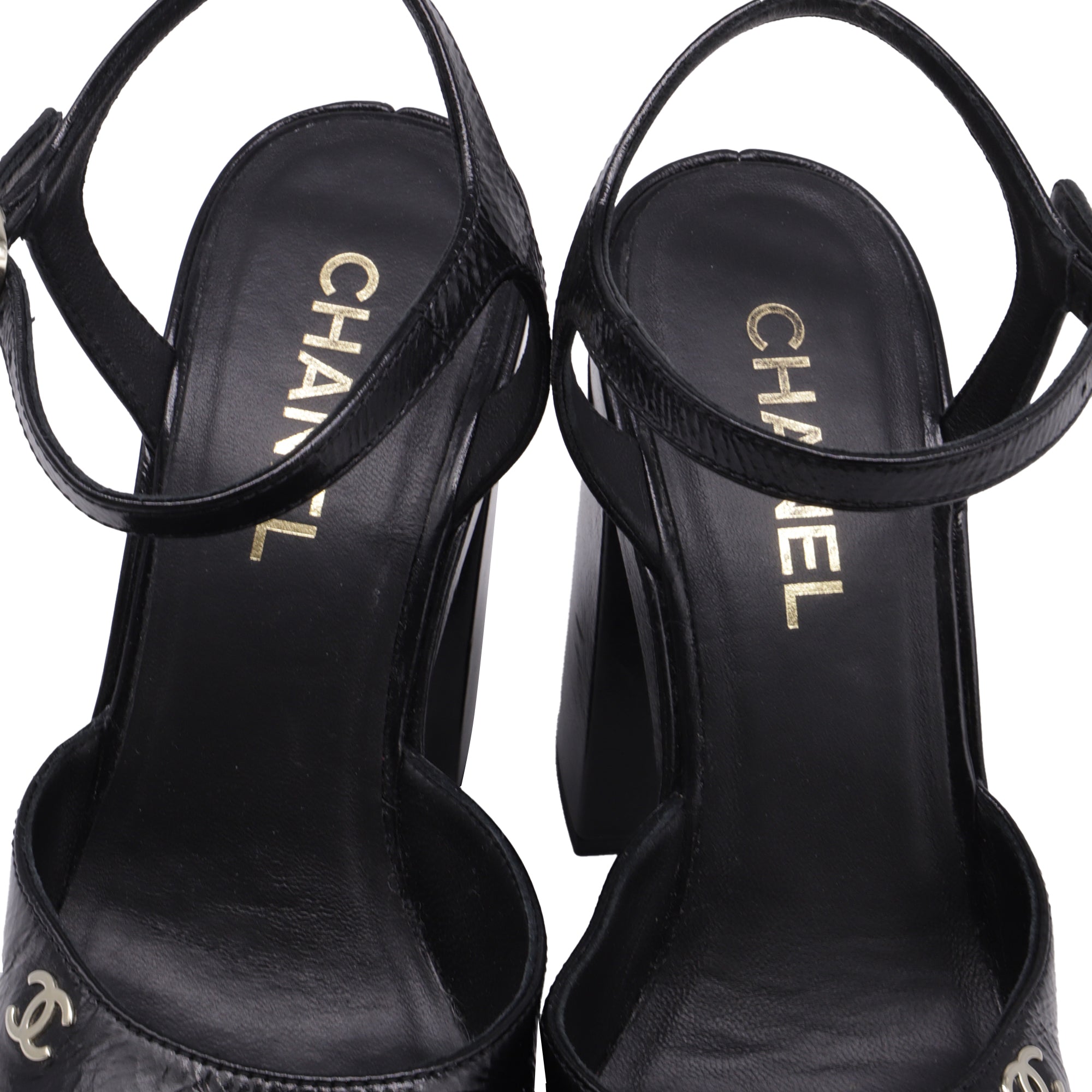 Women's Chanel CC Ankle Strap Platform Sandals in Black Patent Leather