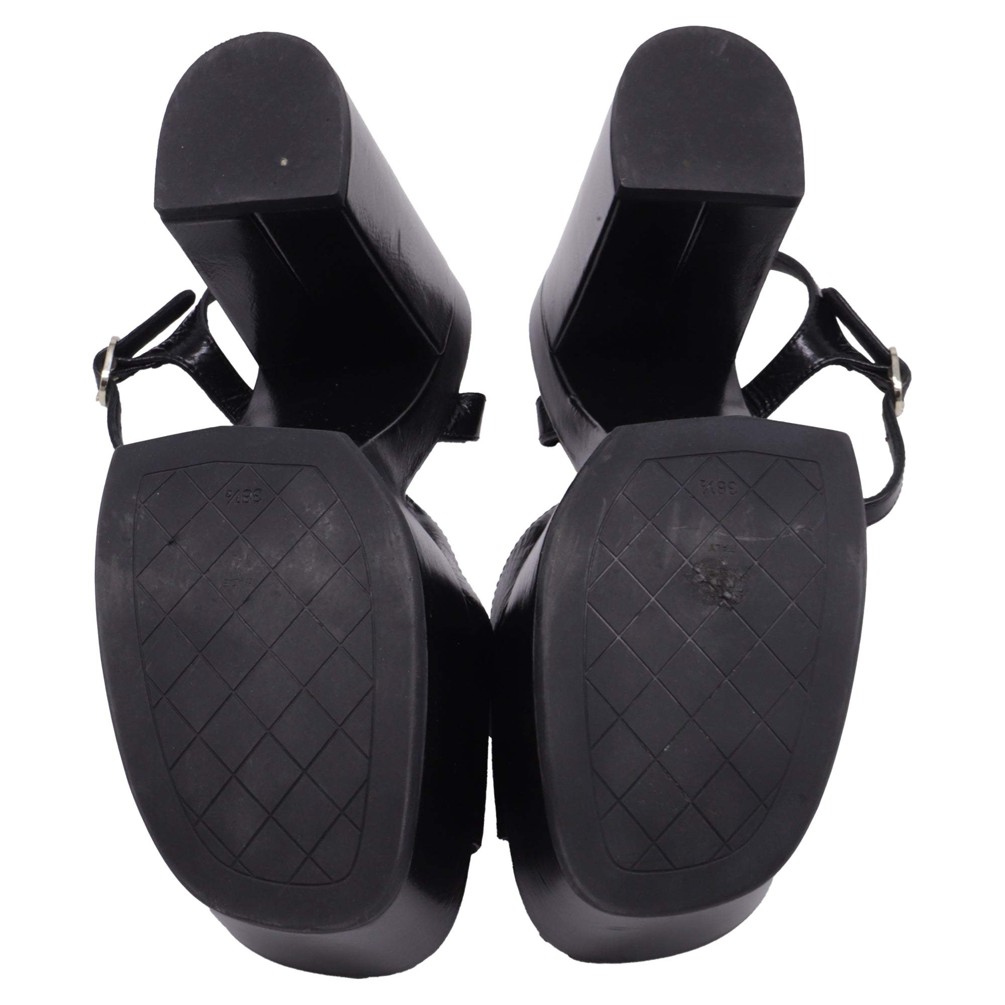 Women's Chanel CC Ankle Strap Platform Sandals in Black Patent Leather