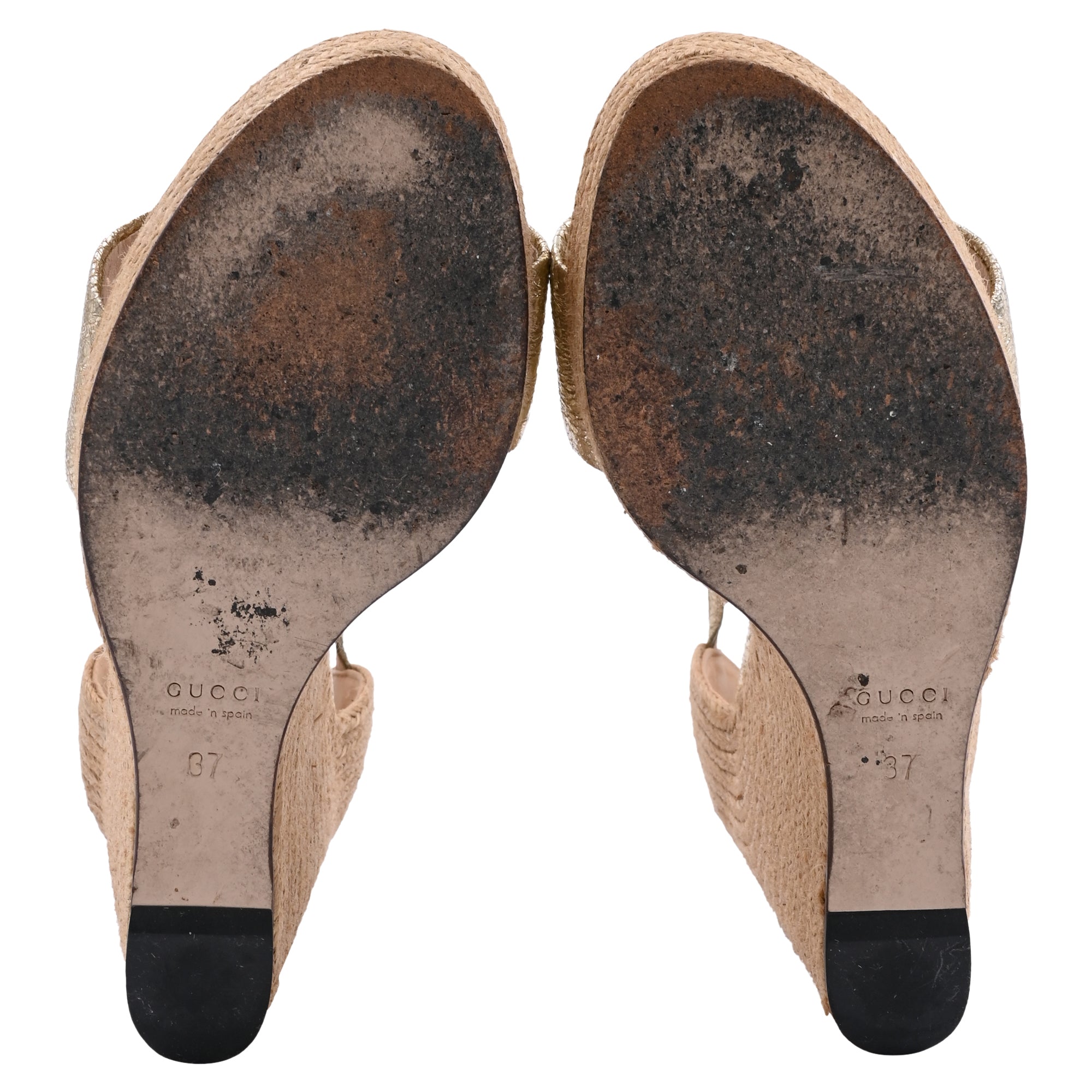 Women's Gucci Crackled Carolina Horsebit Espadrille Wedge Sandals in Gold Leather