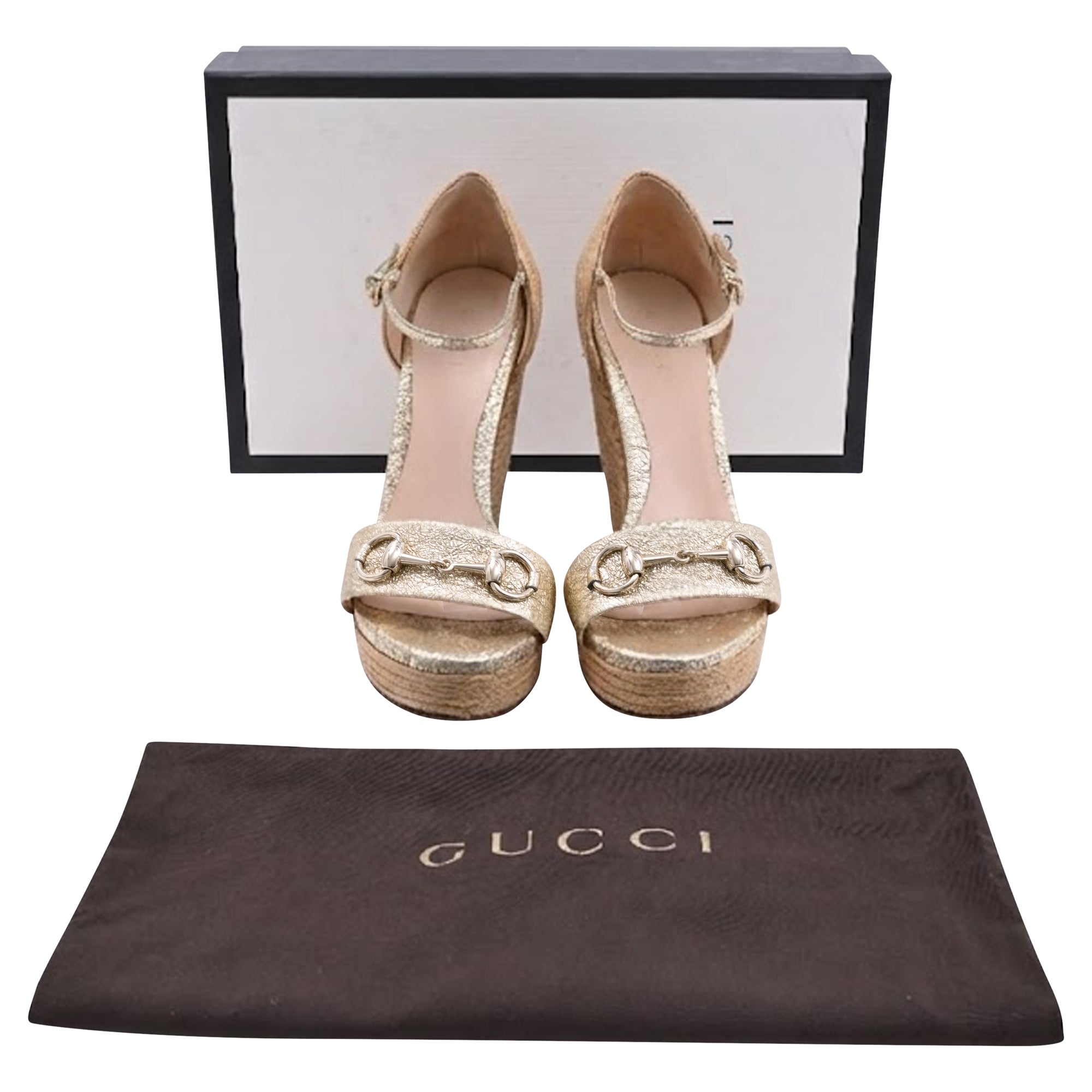Women's Gucci Crackled Carolina Horsebit Espadrille Wedge Sandals in Gold Leather