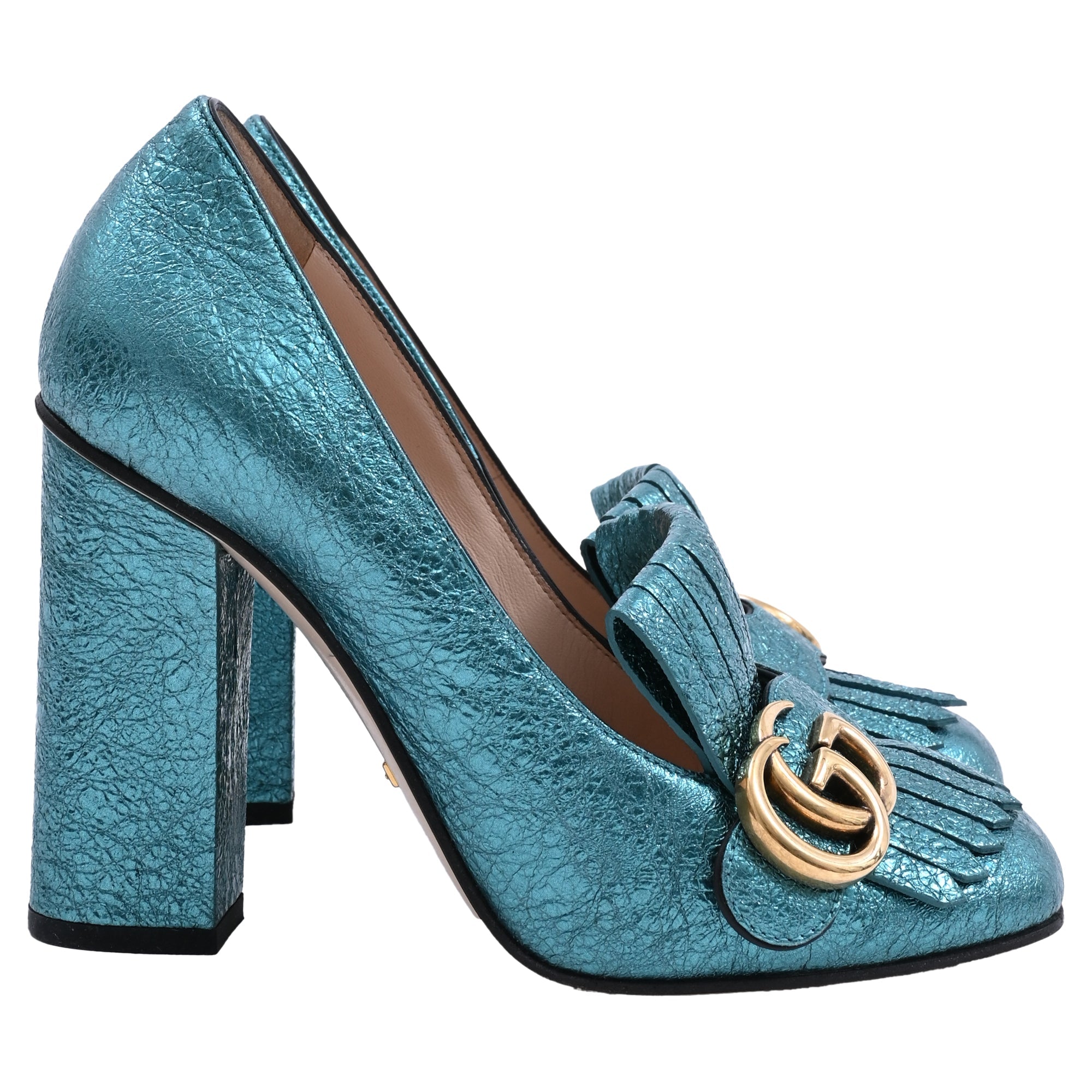 Women's Gucci Mimosa Marmont Heel Loafers in Turquoise Textured Leather