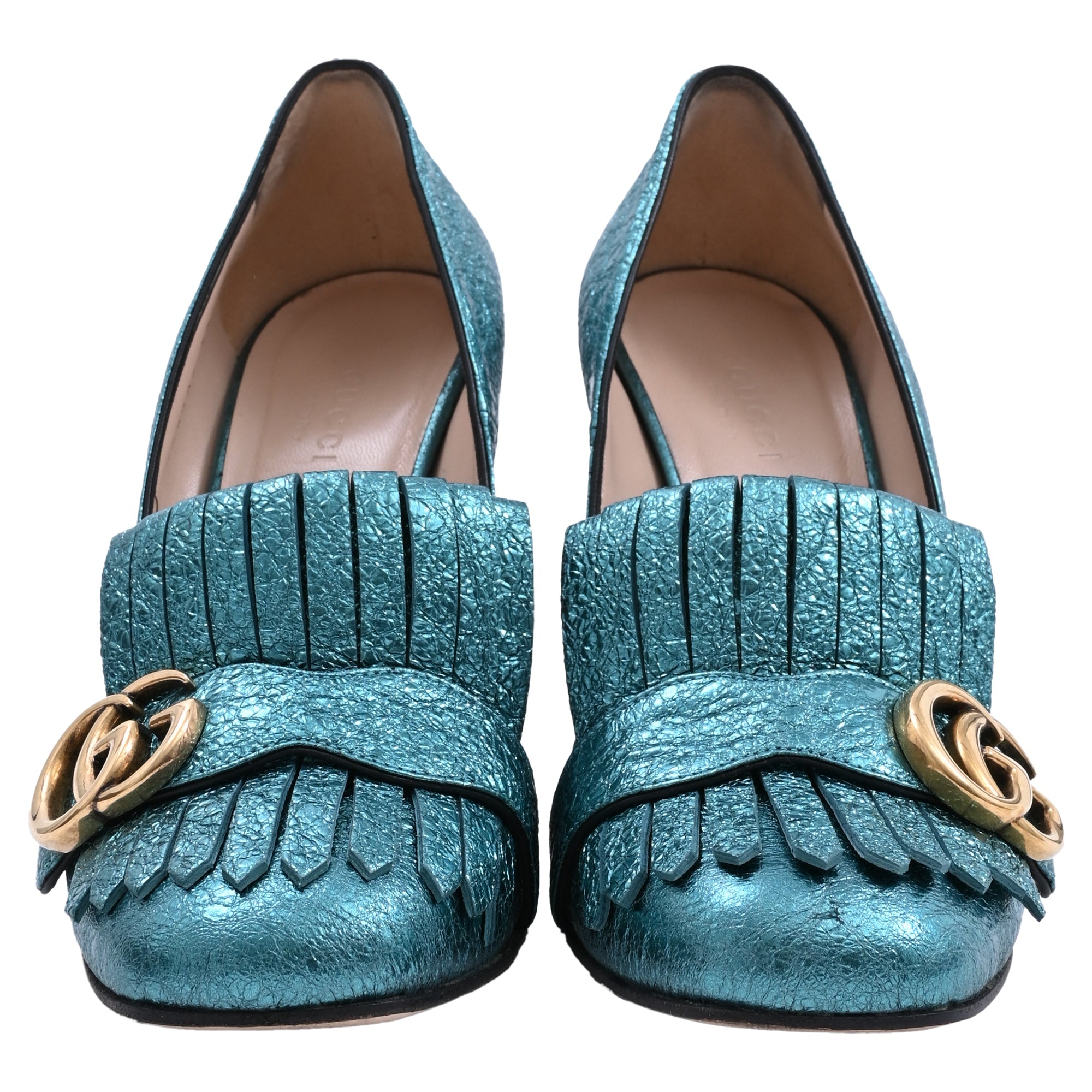 Women's Gucci Mimosa Marmont Heel Loafers in Turquoise Textured Leather