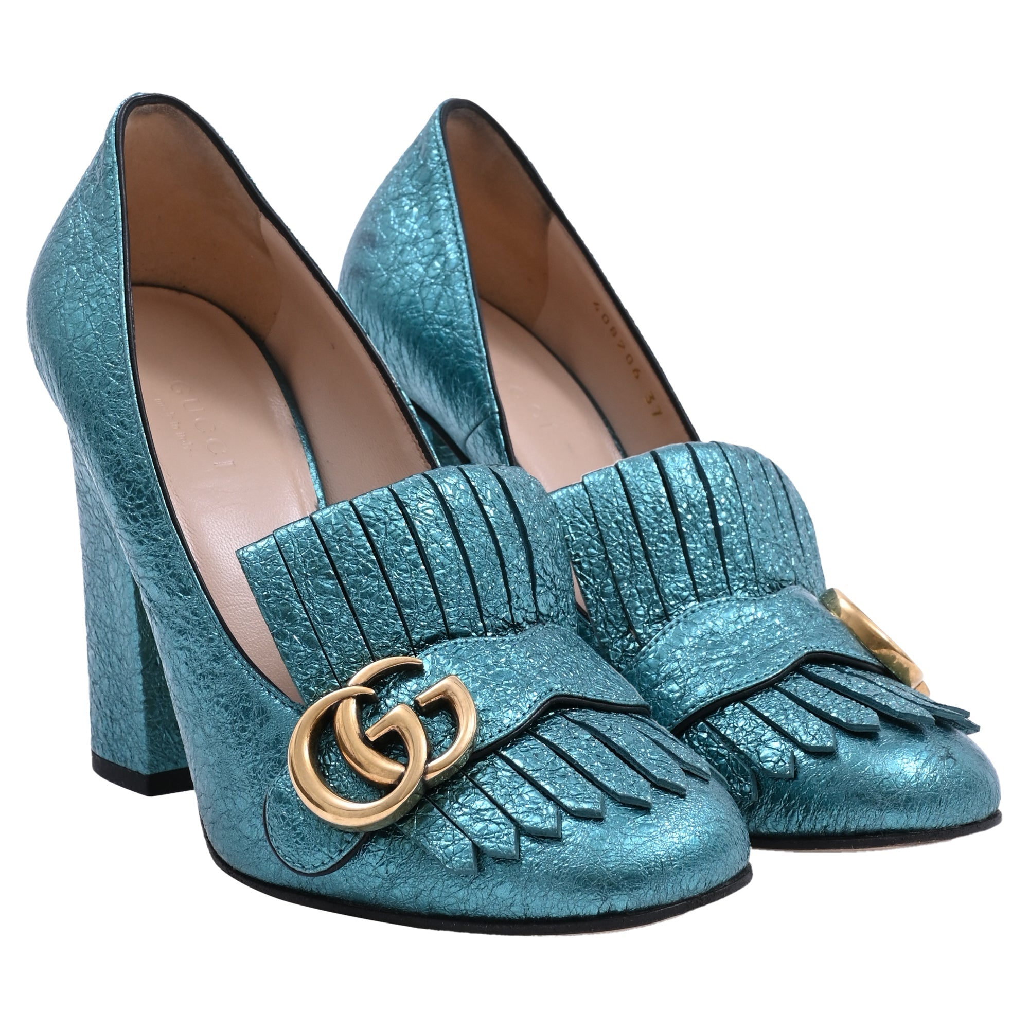 Women's Gucci Mimosa Marmont Heel Loafers in Turquoise Textured Leather