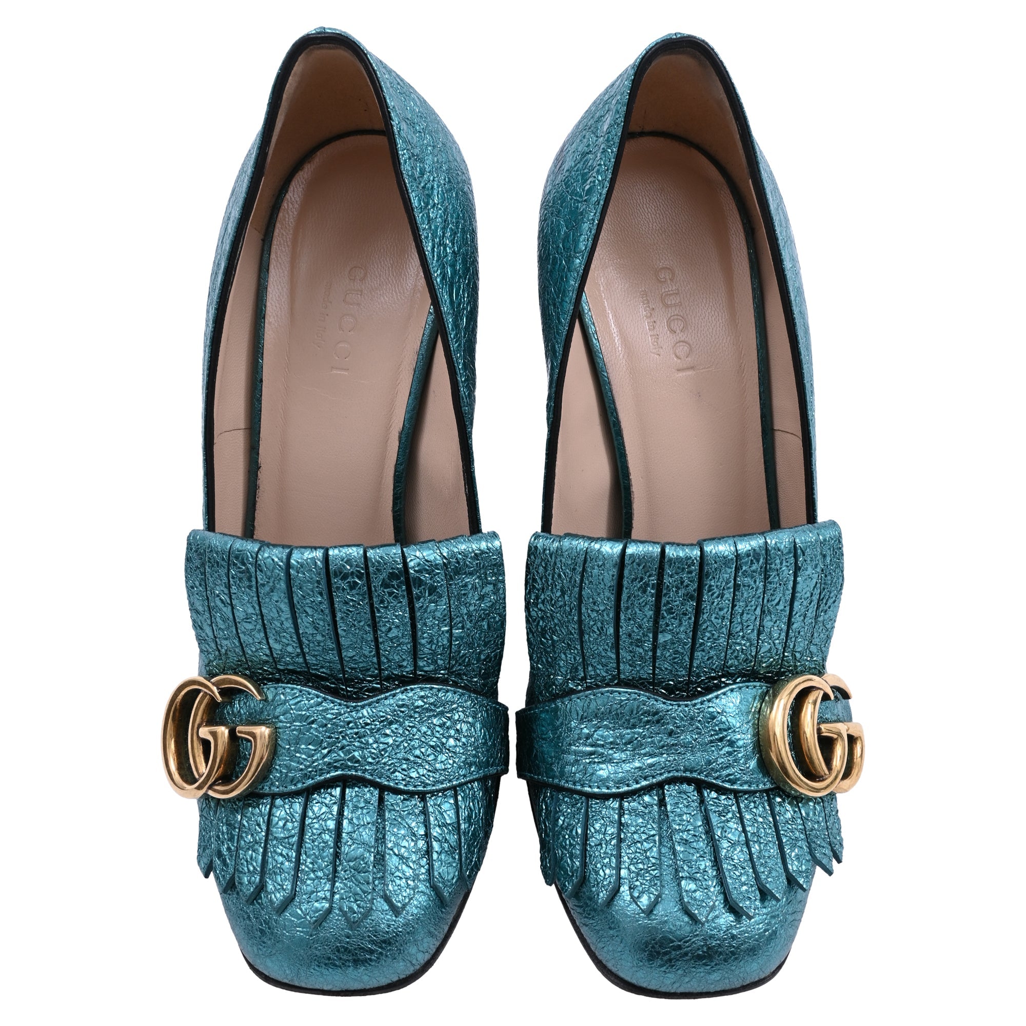Women's Gucci Mimosa Marmont Heel Loafers in Turquoise Textured Leather