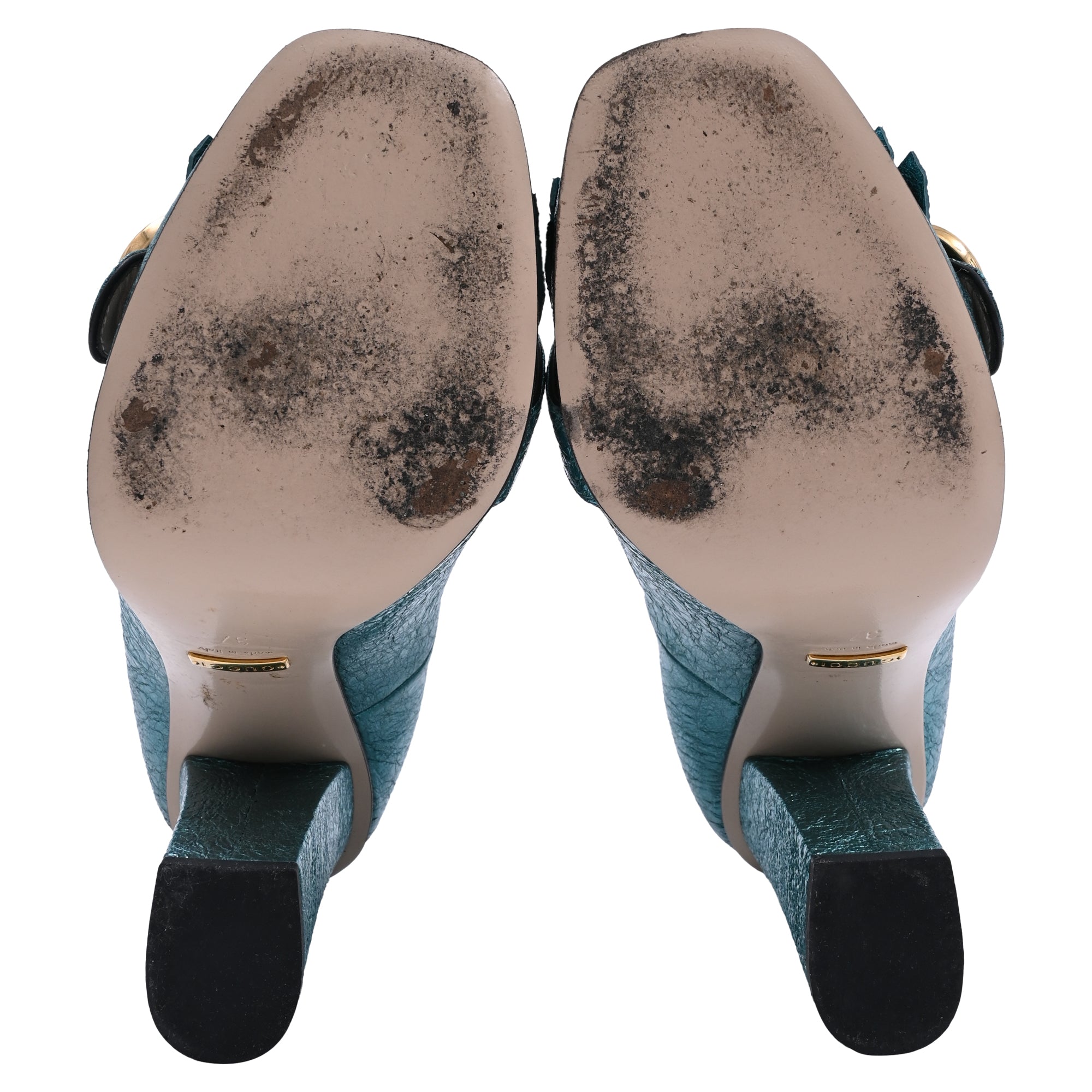 Women's Gucci Mimosa Marmont Heel Loafers in Turquoise Textured Leather